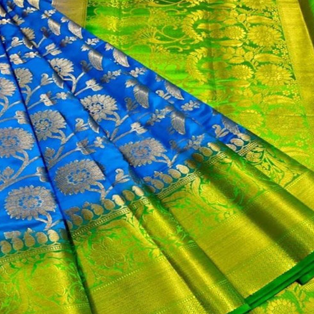 Excellent Blue Colored Festive Wear Woven Silk Blend Saree - Peachmode