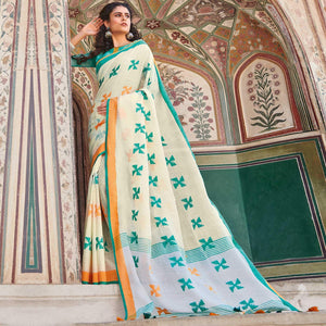 Excellent Cream Colored Casual Printed Linen Cotton Saree With Tassels - Peachmode