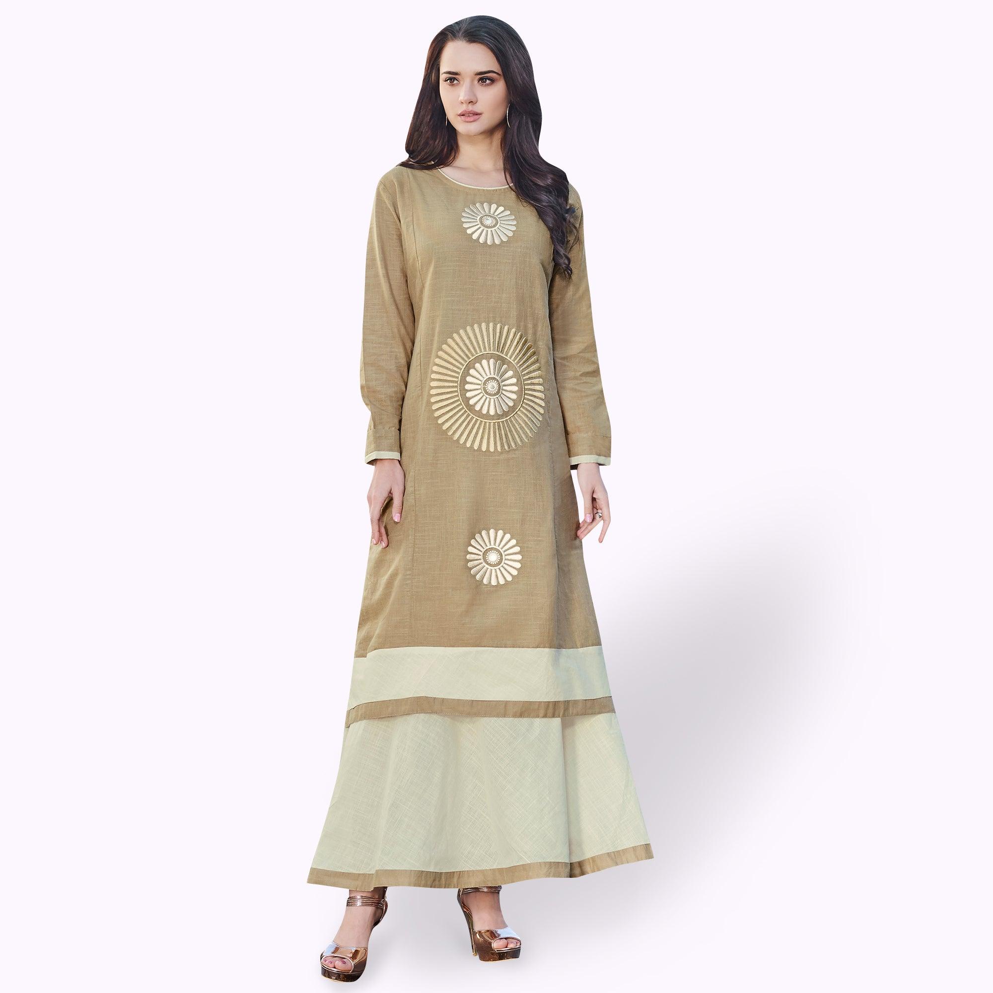 Excellent Dark Beige Colored Partywear Embroidered Rayon Kurti - Peachmode