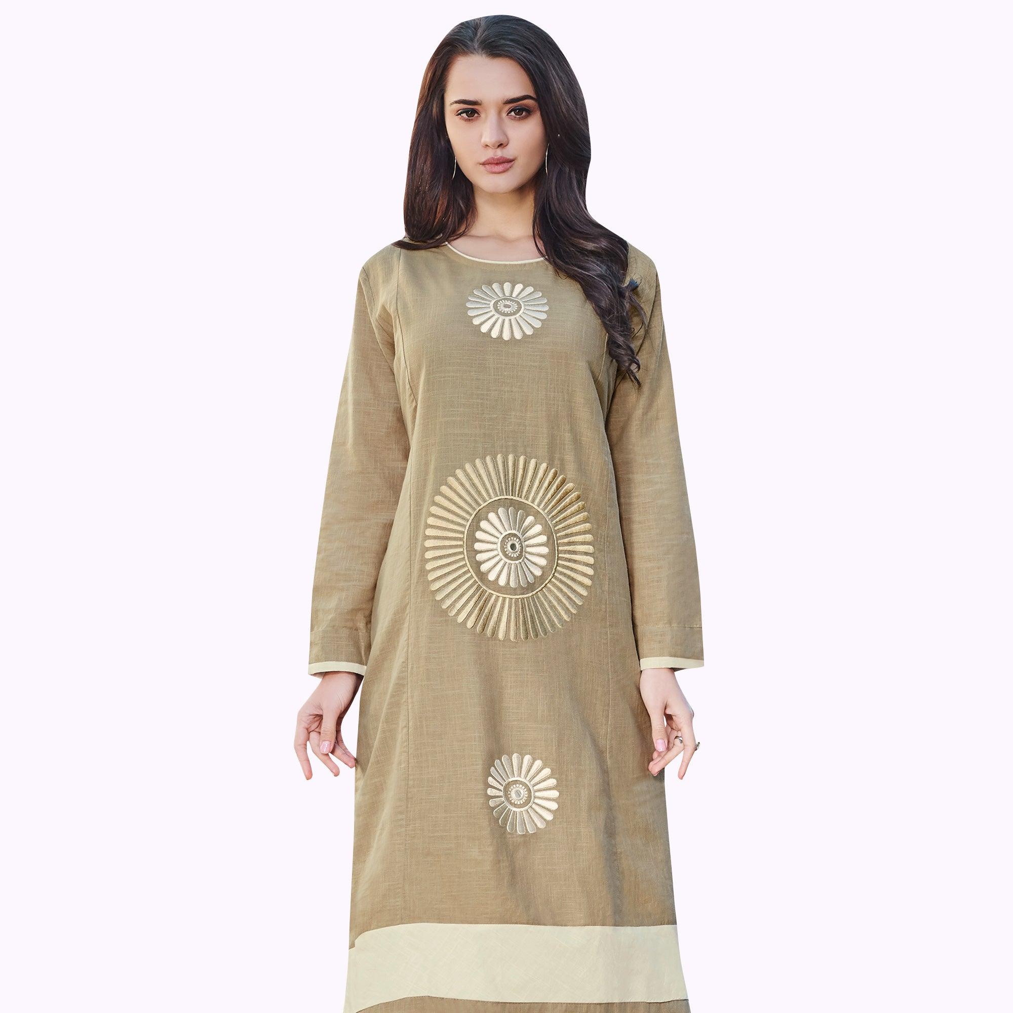 Excellent Dark Beige Colored Partywear Embroidered Rayon Kurti - Peachmode