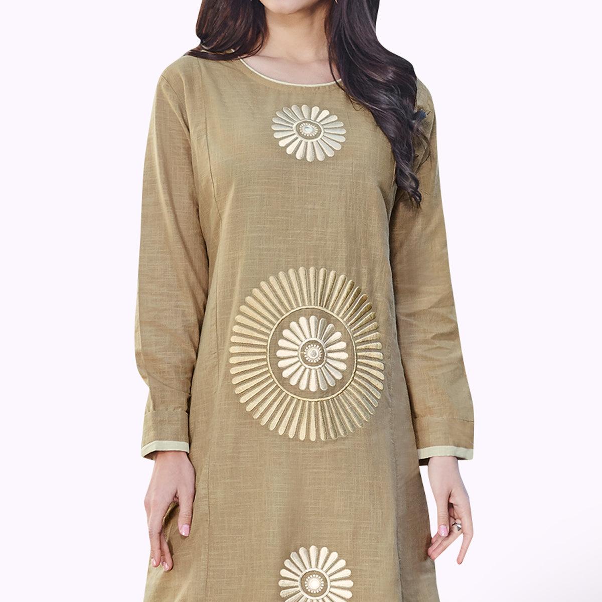 Excellent Dark Beige Colored Partywear Embroidered Rayon Kurti - Peachmode