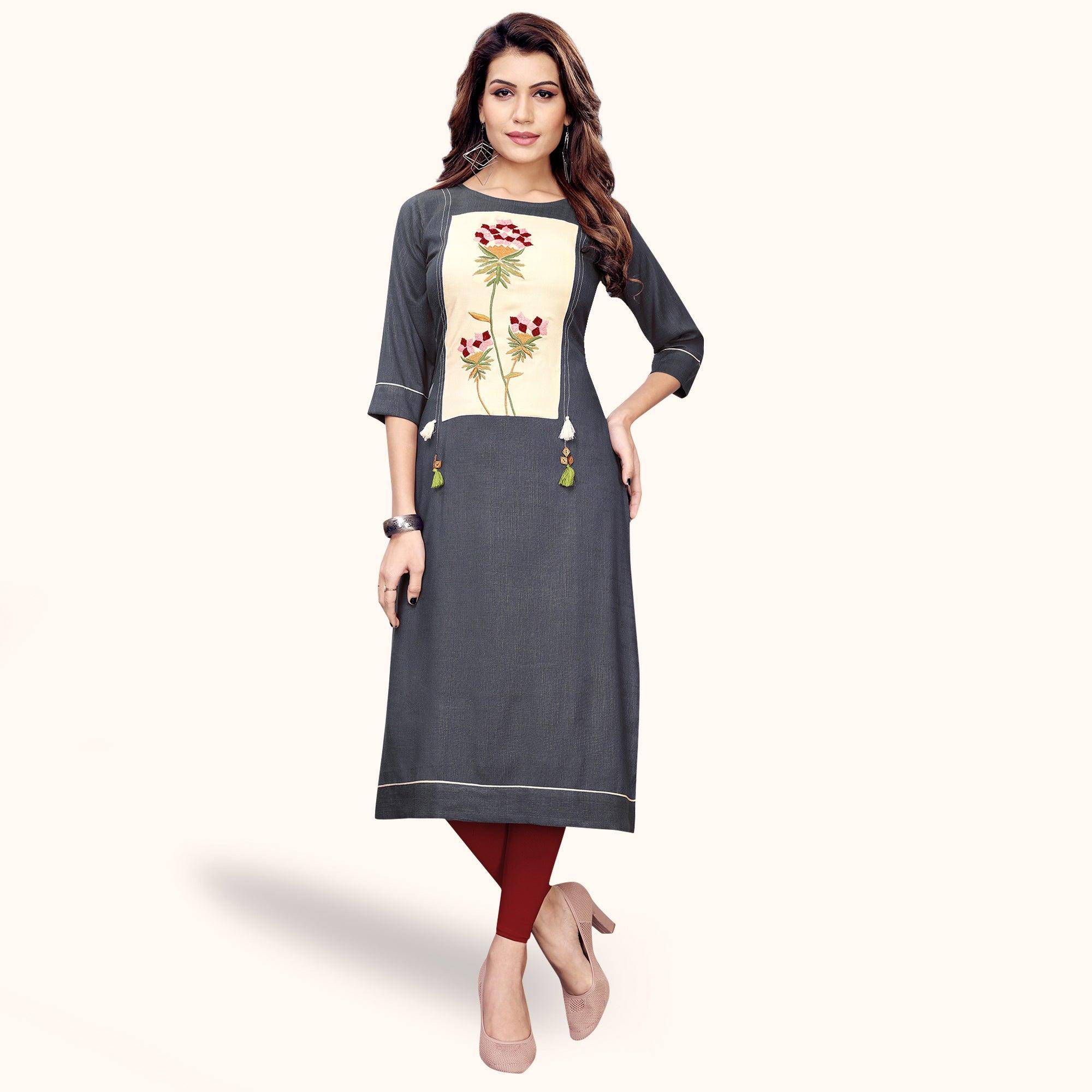 Excellent Gray Colored Partywear Embroidered Rayon Kurti - Peachmode