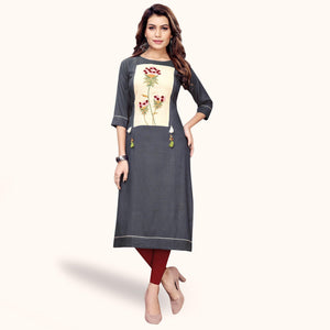 Excellent Gray Colored Partywear Embroidered Rayon Kurti - Peachmode