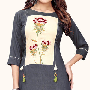 Excellent Gray Colored Partywear Embroidered Rayon Kurti - Peachmode