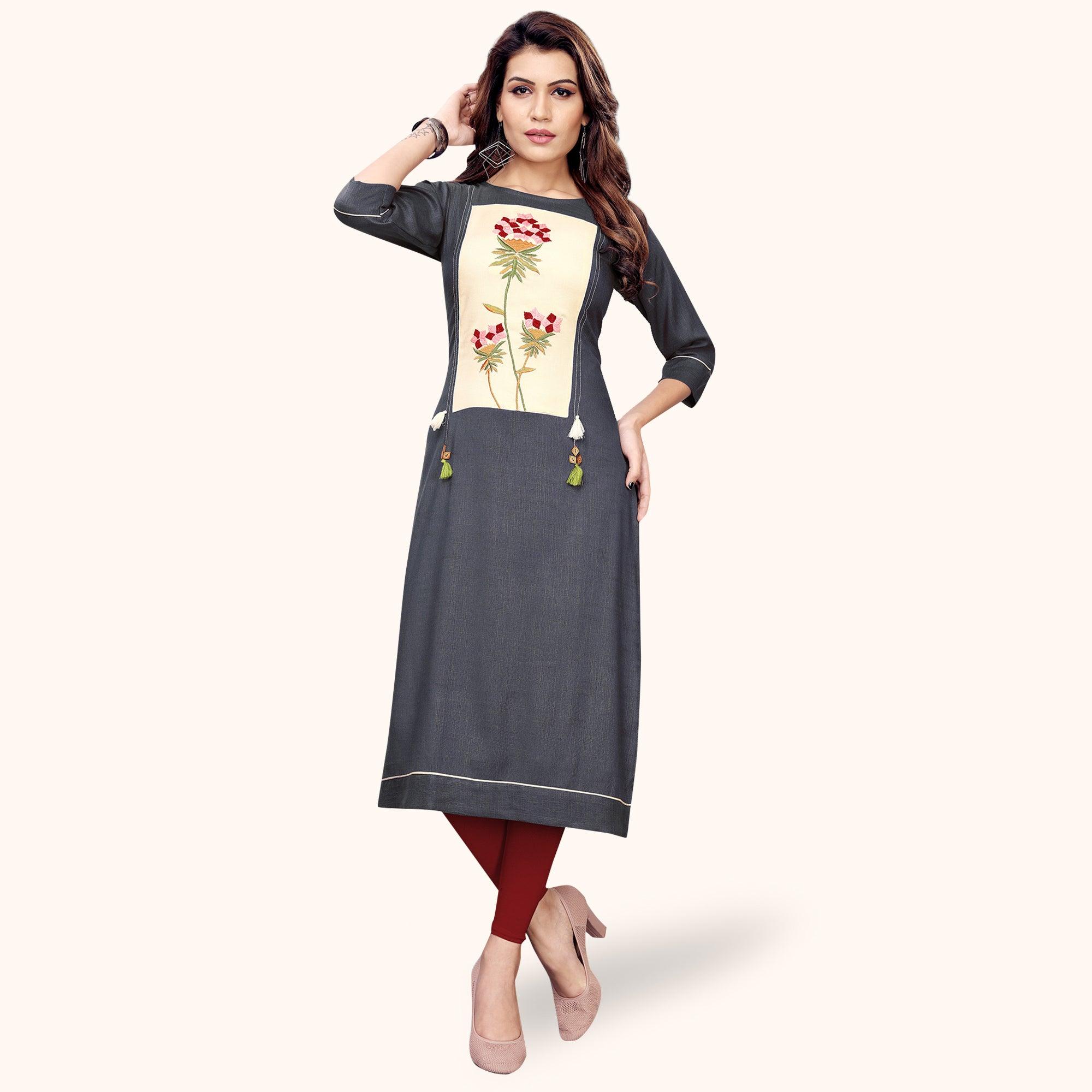 Excellent Gray Colored Partywear Embroidered Rayon Kurti - Peachmode