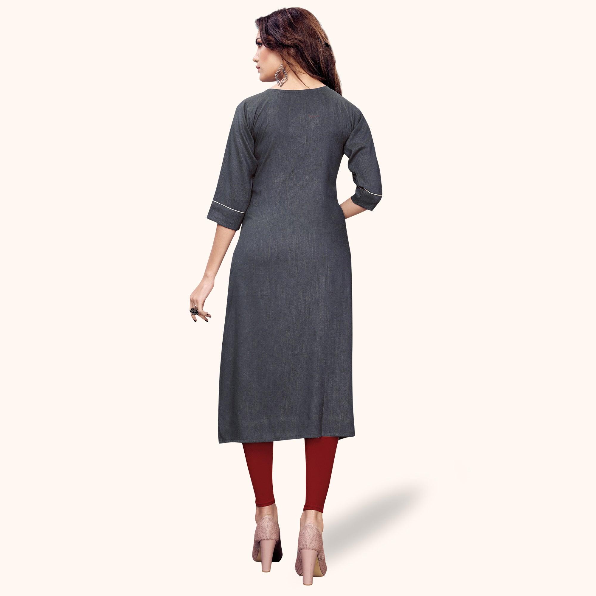 Excellent Gray Colored Partywear Embroidered Rayon Kurti - Peachmode