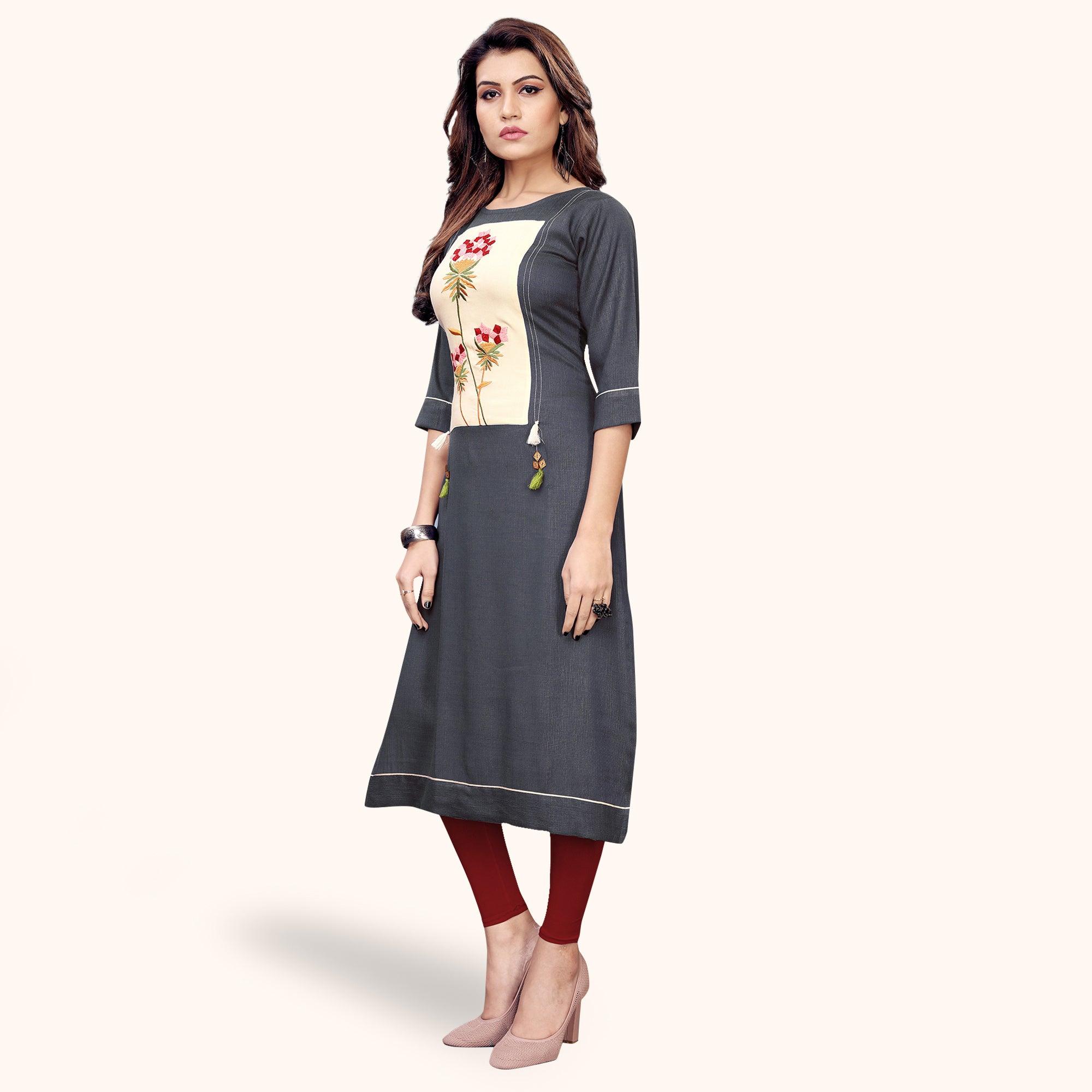 Excellent Gray Colored Partywear Embroidered Rayon Kurti - Peachmode