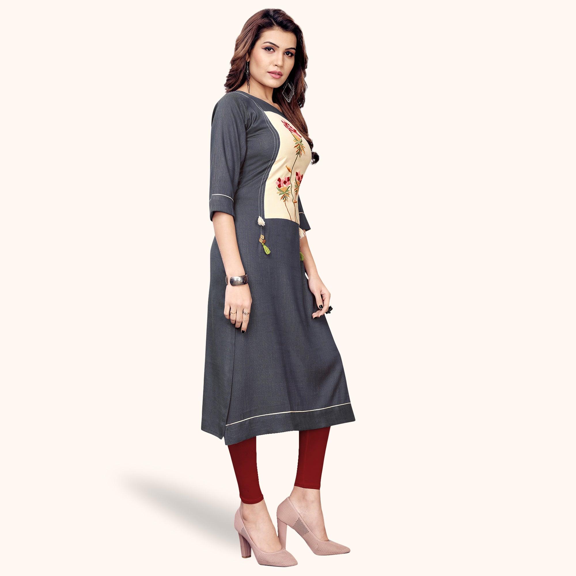 Excellent Gray Colored Partywear Embroidered Rayon Kurti - Peachmode