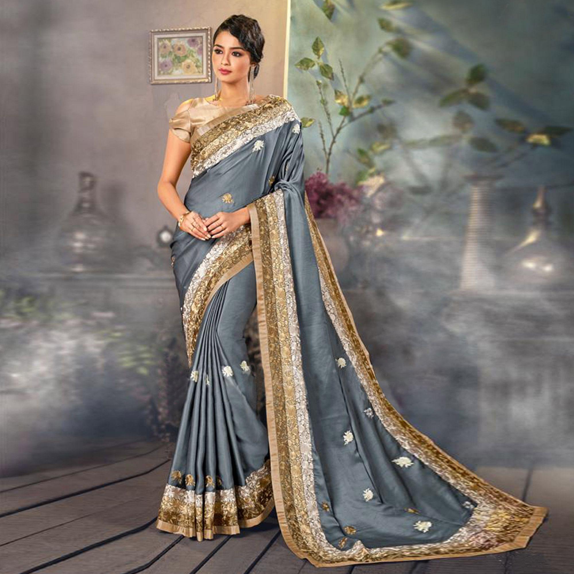Excellent Gray Colored Partywear Embroidered Satin Saree - Peachmode