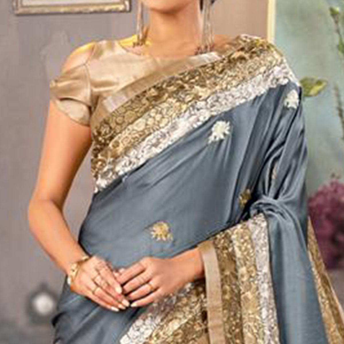 Excellent Gray Colored Partywear Embroidered Satin Saree - Peachmode