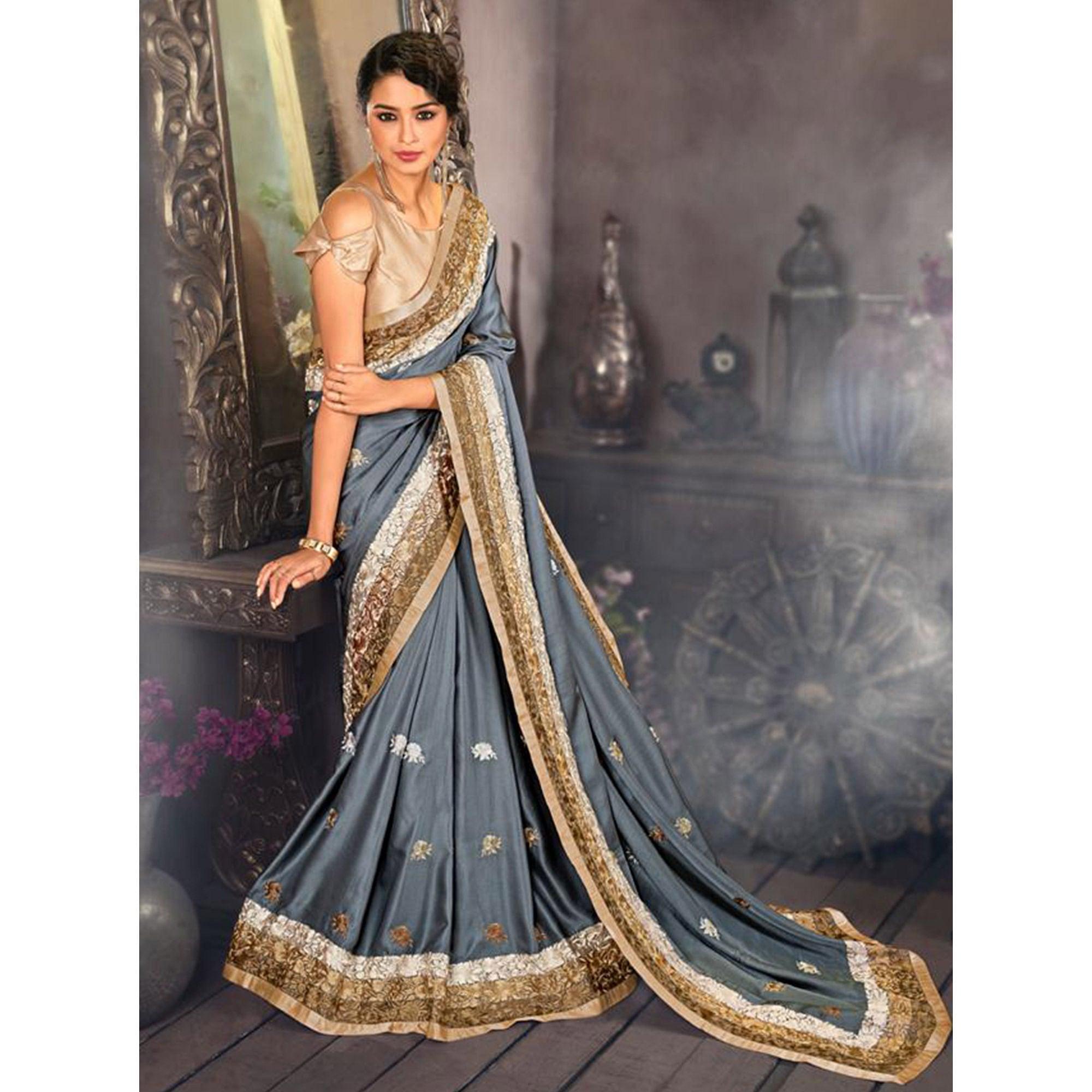 Excellent Gray Colored Partywear Embroidered Satin Saree - Peachmode