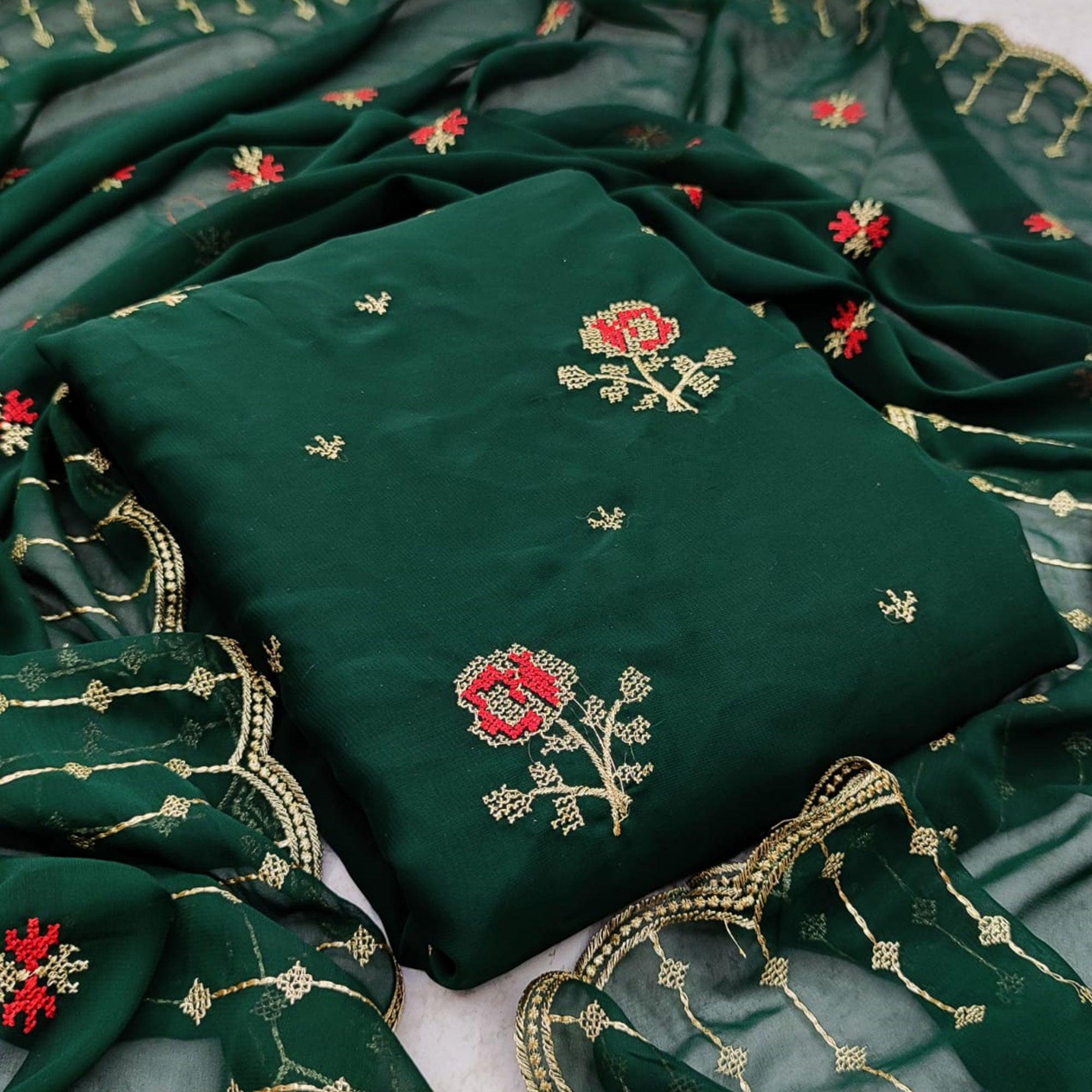 Excellent Green Colored Casual Wear Embroidered Georgette Dress Material - Peachmode
