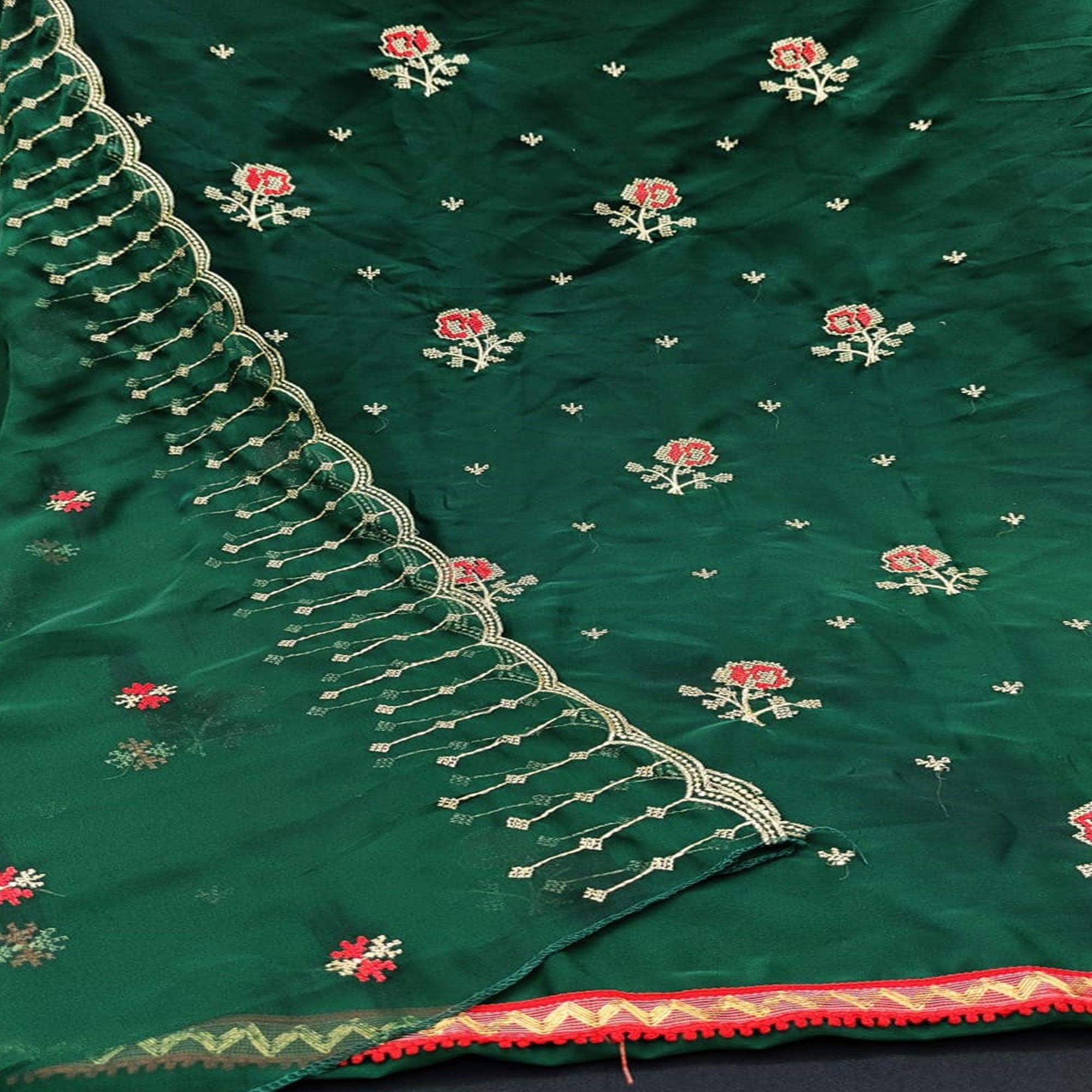 Excellent Green Colored Casual Wear Embroidered Georgette Dress Material - Peachmode
