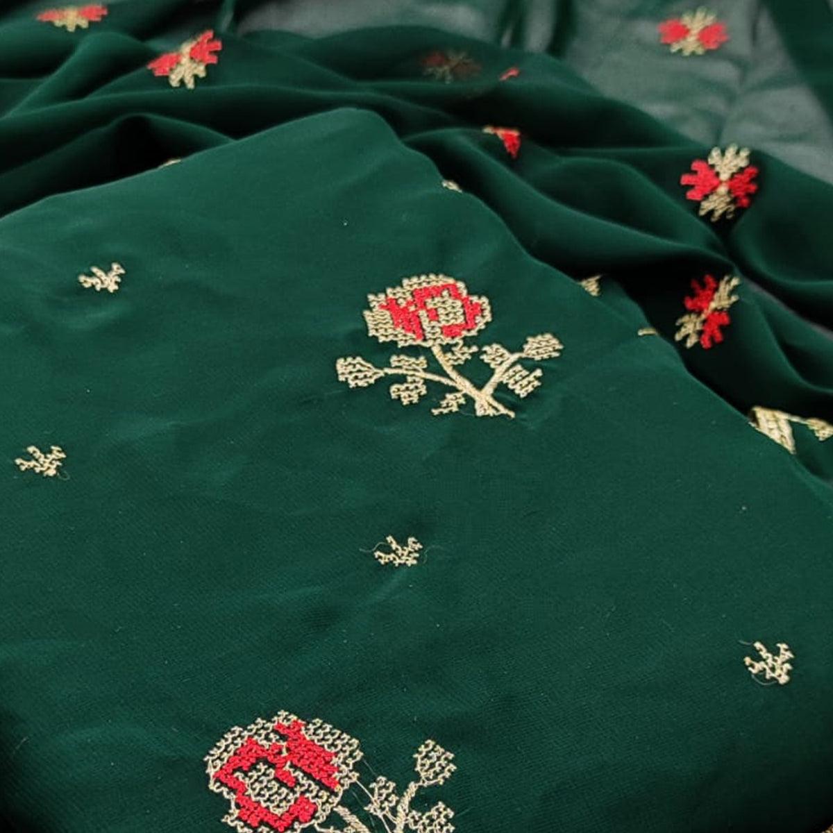 Excellent Green Colored Casual Wear Embroidered Georgette Dress Material - Peachmode