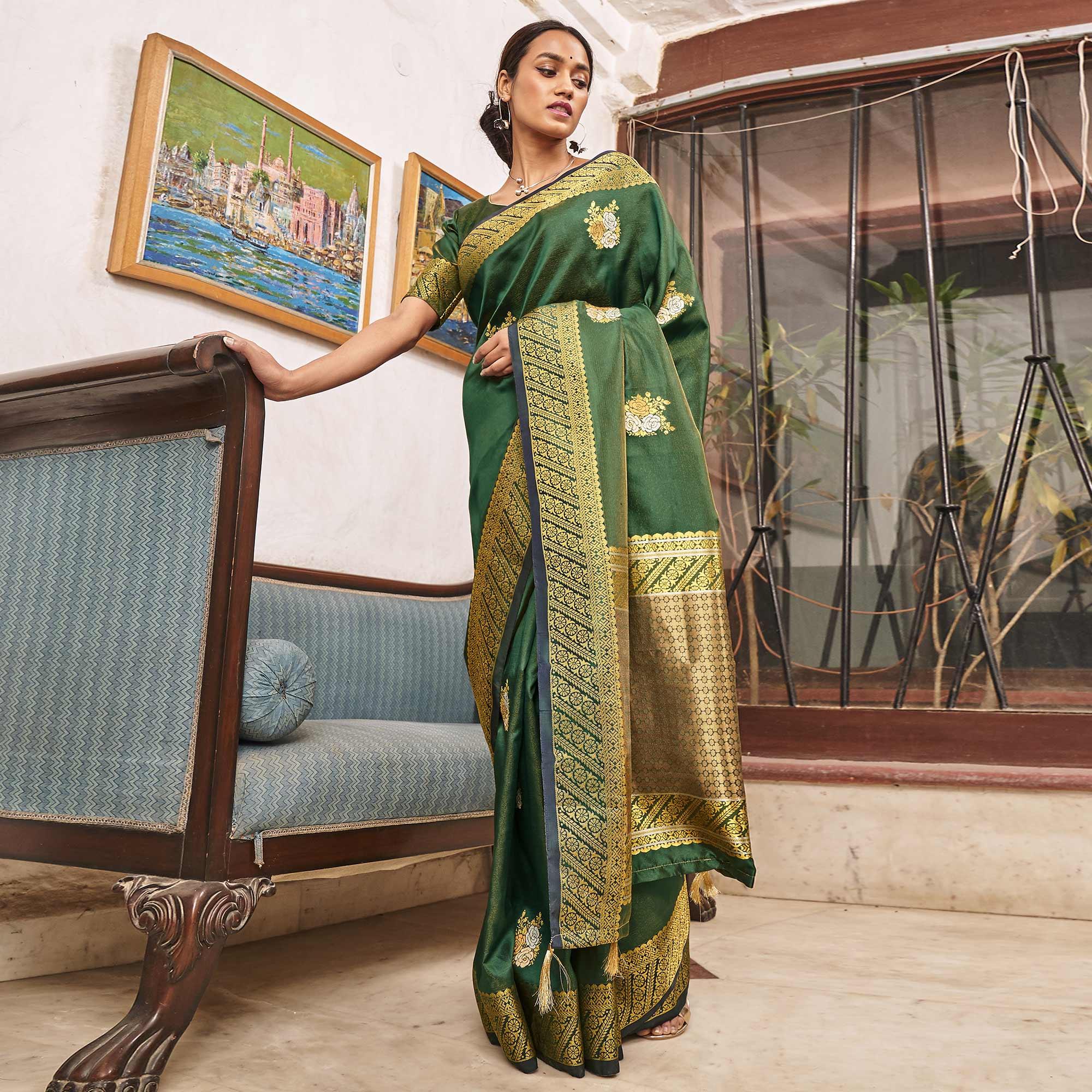 Excellent Green Colored Festive Wear Woven Silk Saree - Peachmode