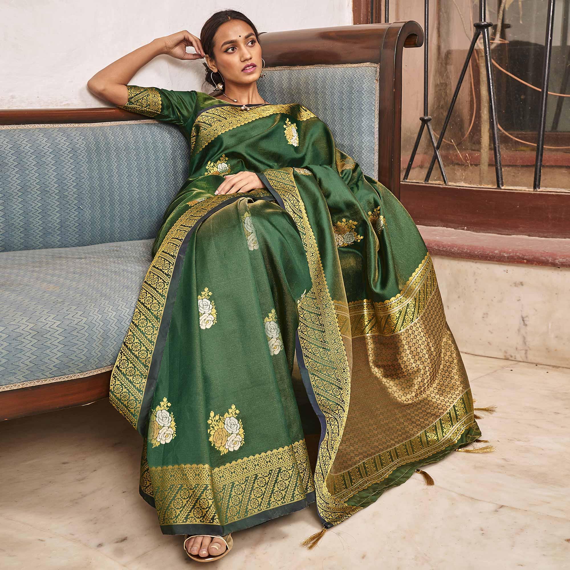 Excellent Green Colored Festive Wear Woven Silk Saree - Peachmode