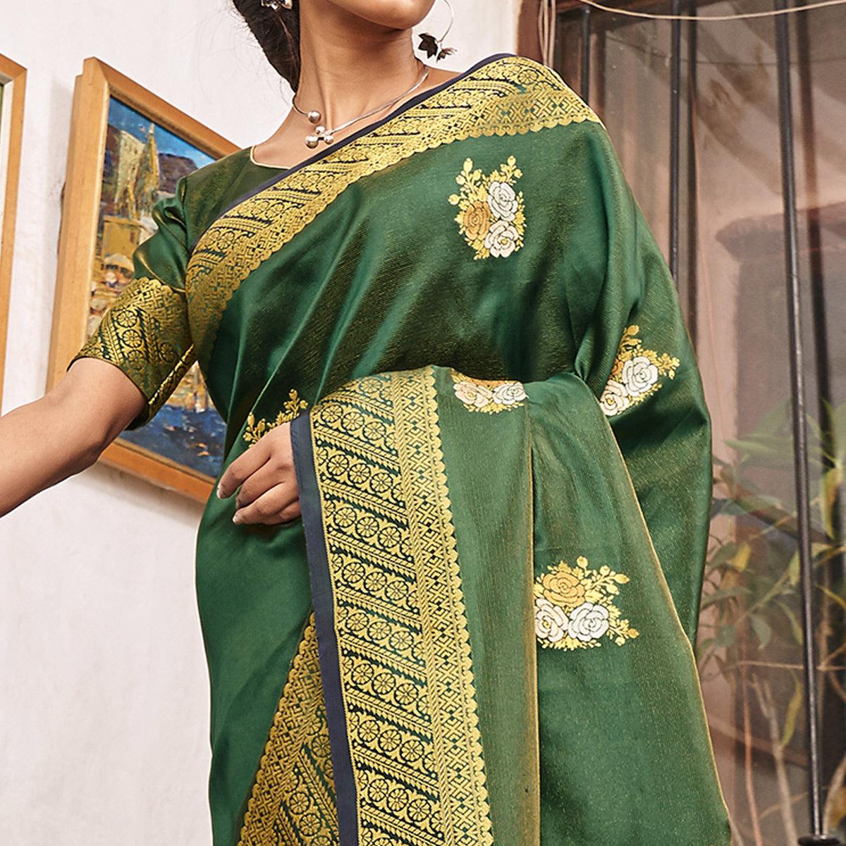 Excellent Green Colored Festive Wear Woven Silk Saree - Peachmode