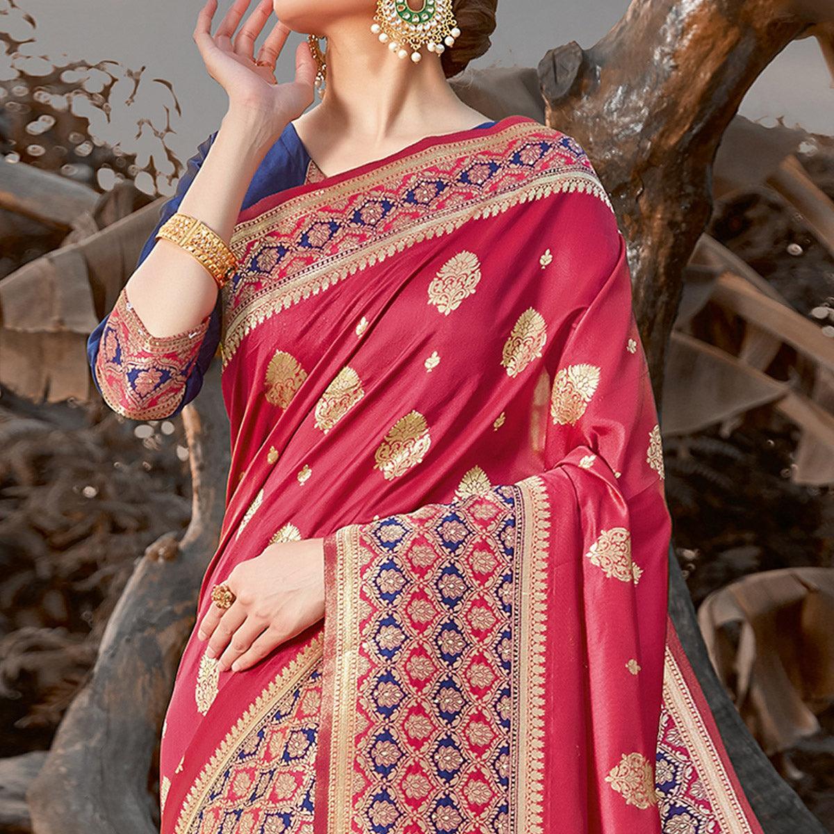 Excellent Magenta Pink Colored Festive Wear Woven Silk Saree - Peachmode