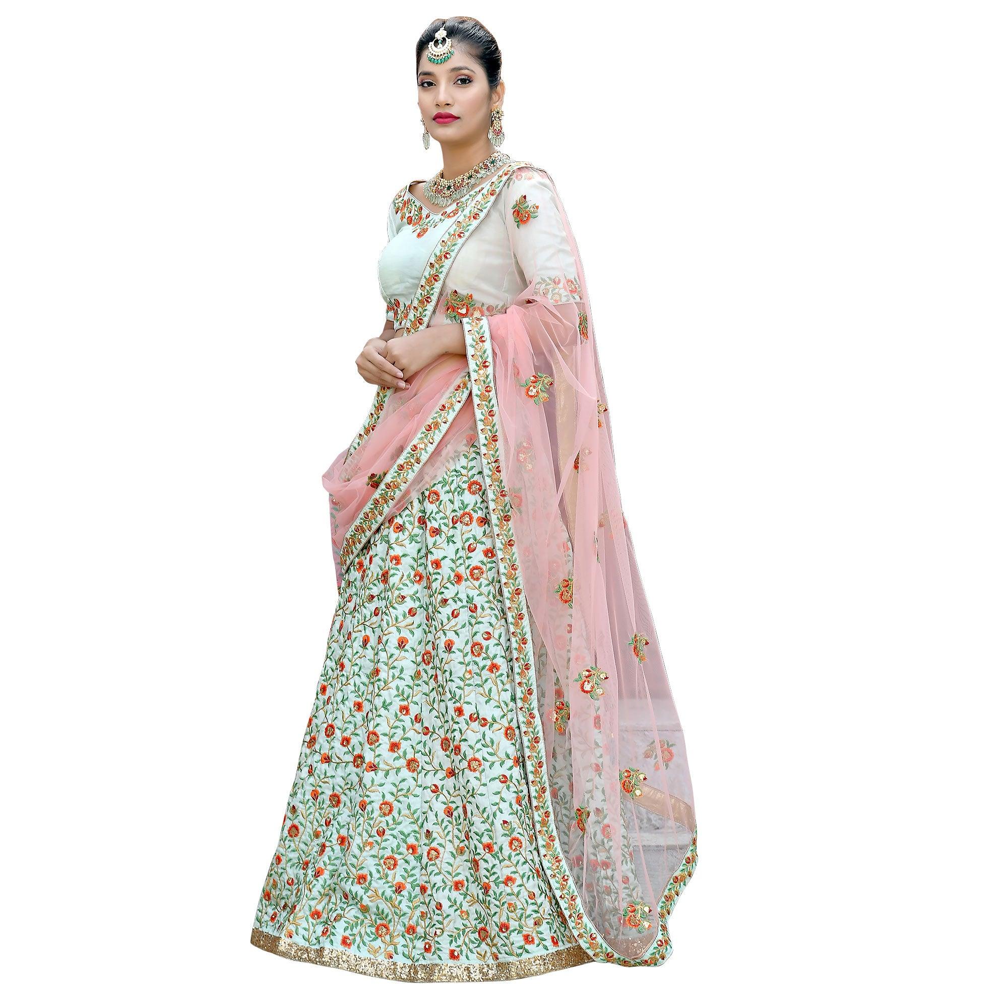 Excellent Mint Green Colored Party Wear Embroidered Silk Lehenga Choli - Peachmode