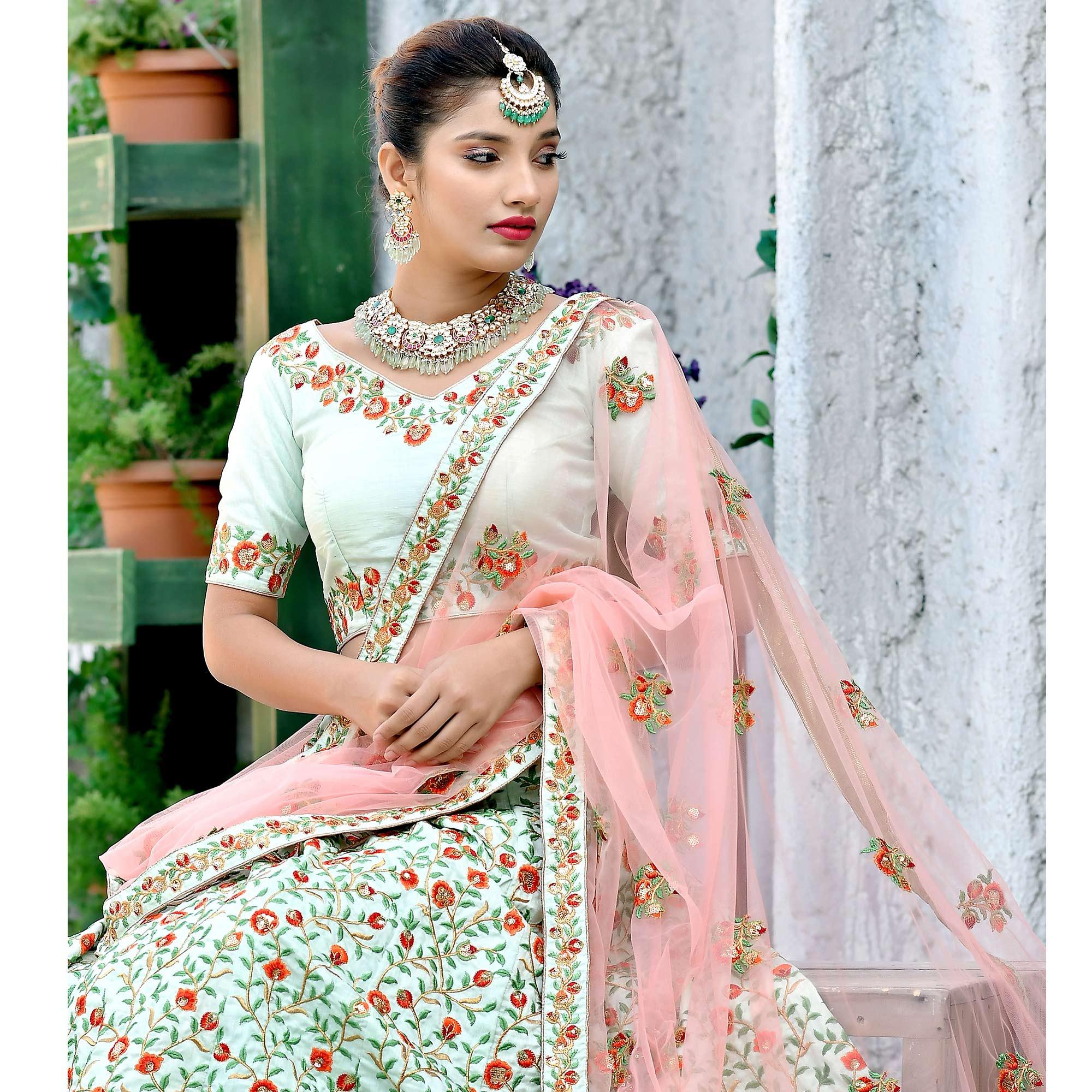 Excellent Mint Green Colored Party Wear Embroidered Silk Lehenga Choli - Peachmode