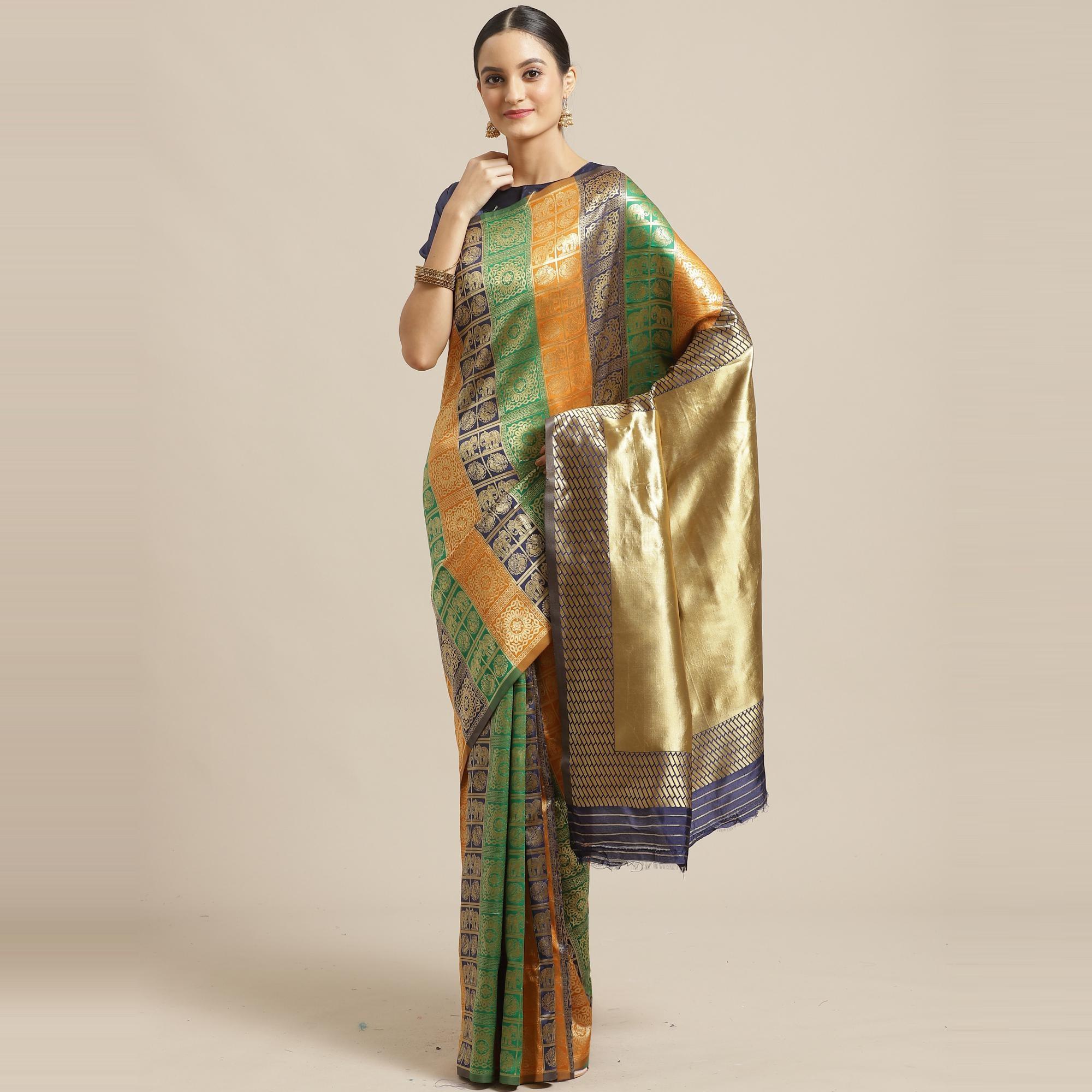 Excellent Multi Colored Festive Wear Woven Silk Blend Saree - Peachmode