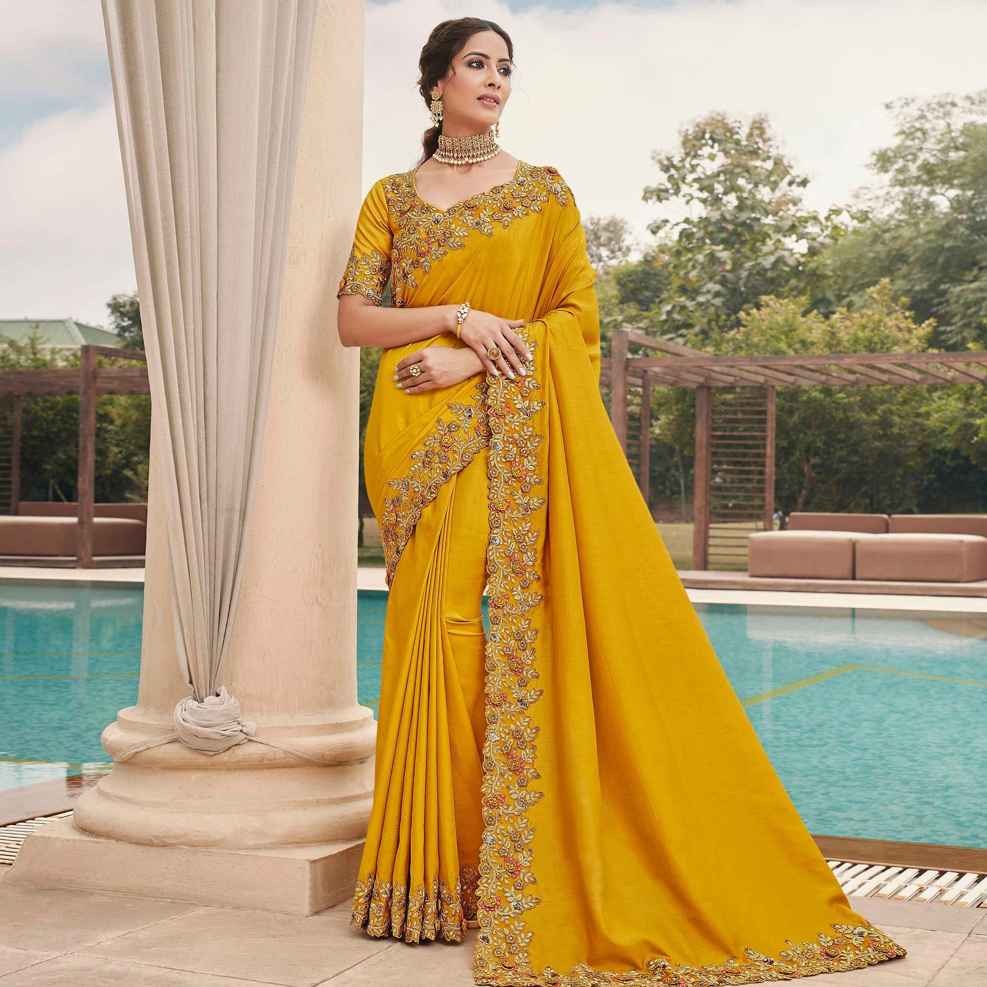 Excellent Mustard Coloured Partywear Embroidered Silk Saree - Peachmode