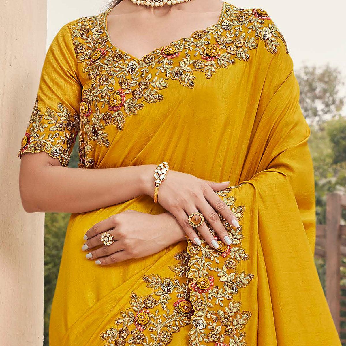 Excellent Mustard Coloured Partywear Embroidered Silk Saree - Peachmode