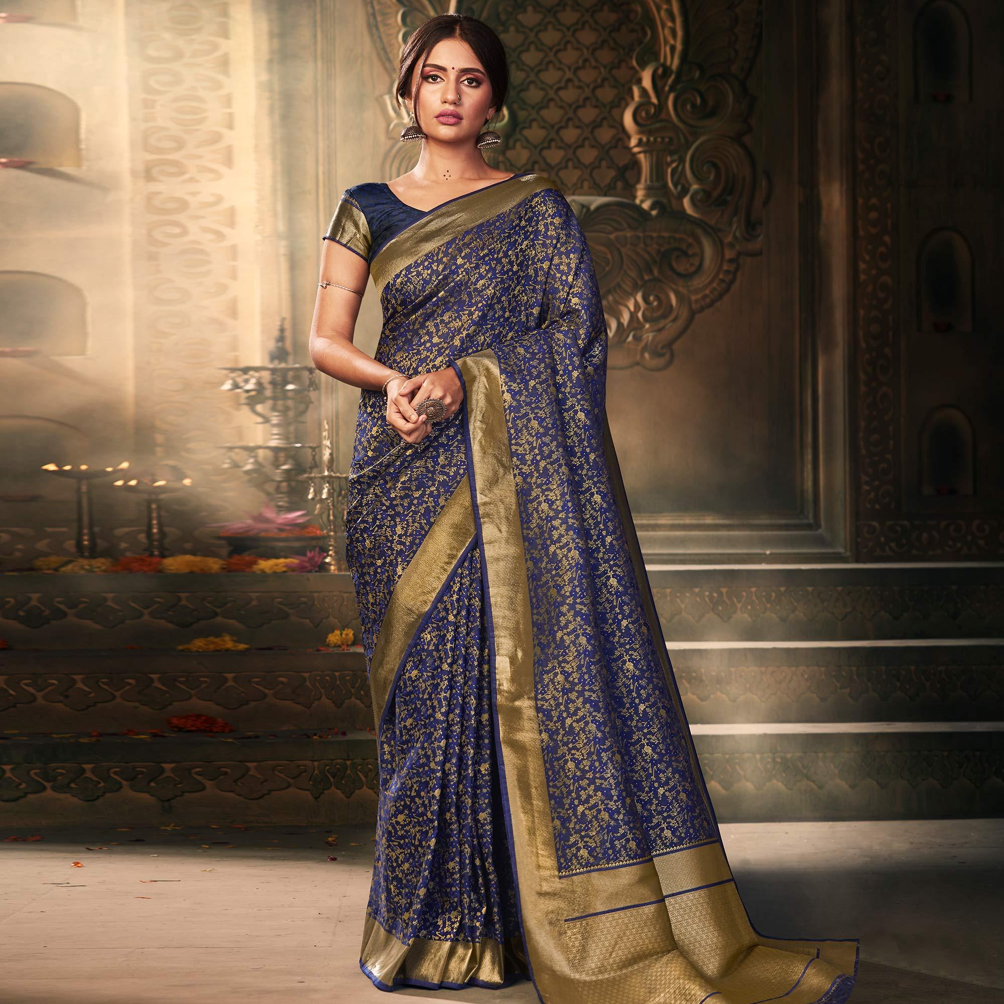 Excellent Navy Blue Colored Festive Wear Woven Banarasi Silk Saree - Peachmode