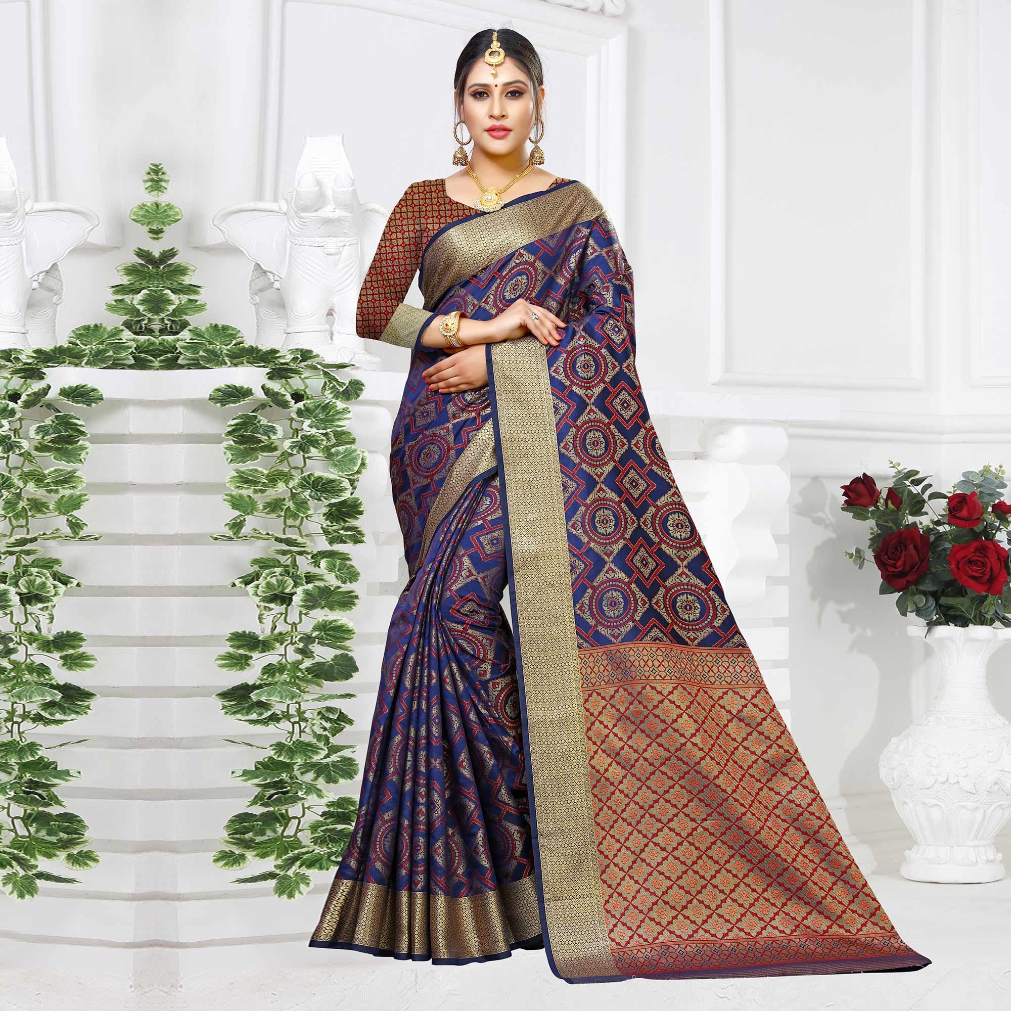 Excellent Navy Blue Colored Festive Wear Woven Silk Saree - Peachmode