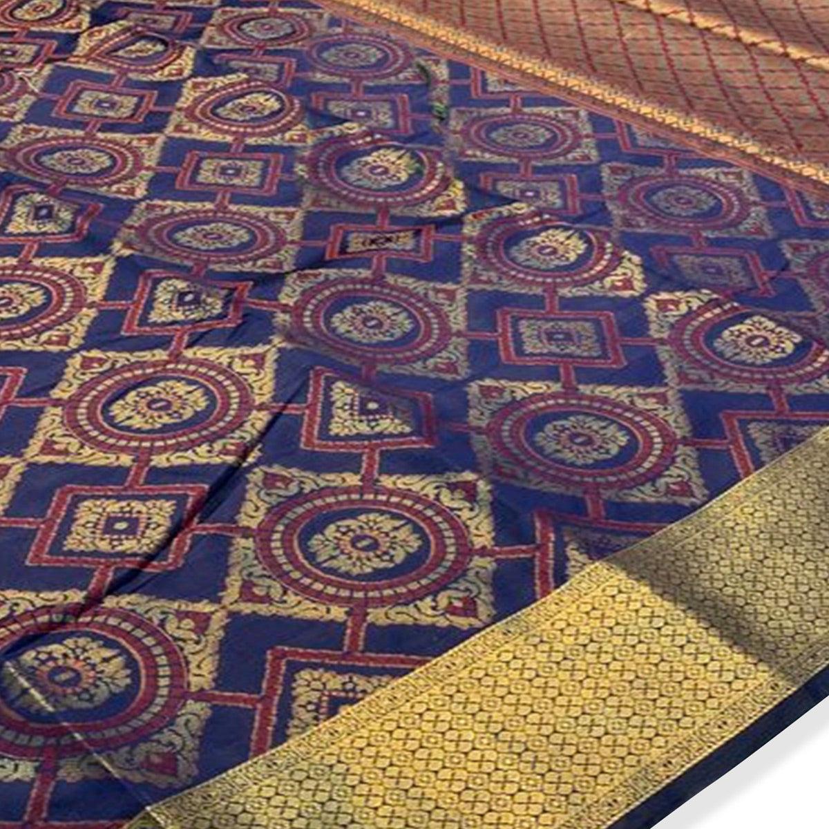 Excellent Navy Blue Colored Festive Wear Woven Silk Saree - Peachmode