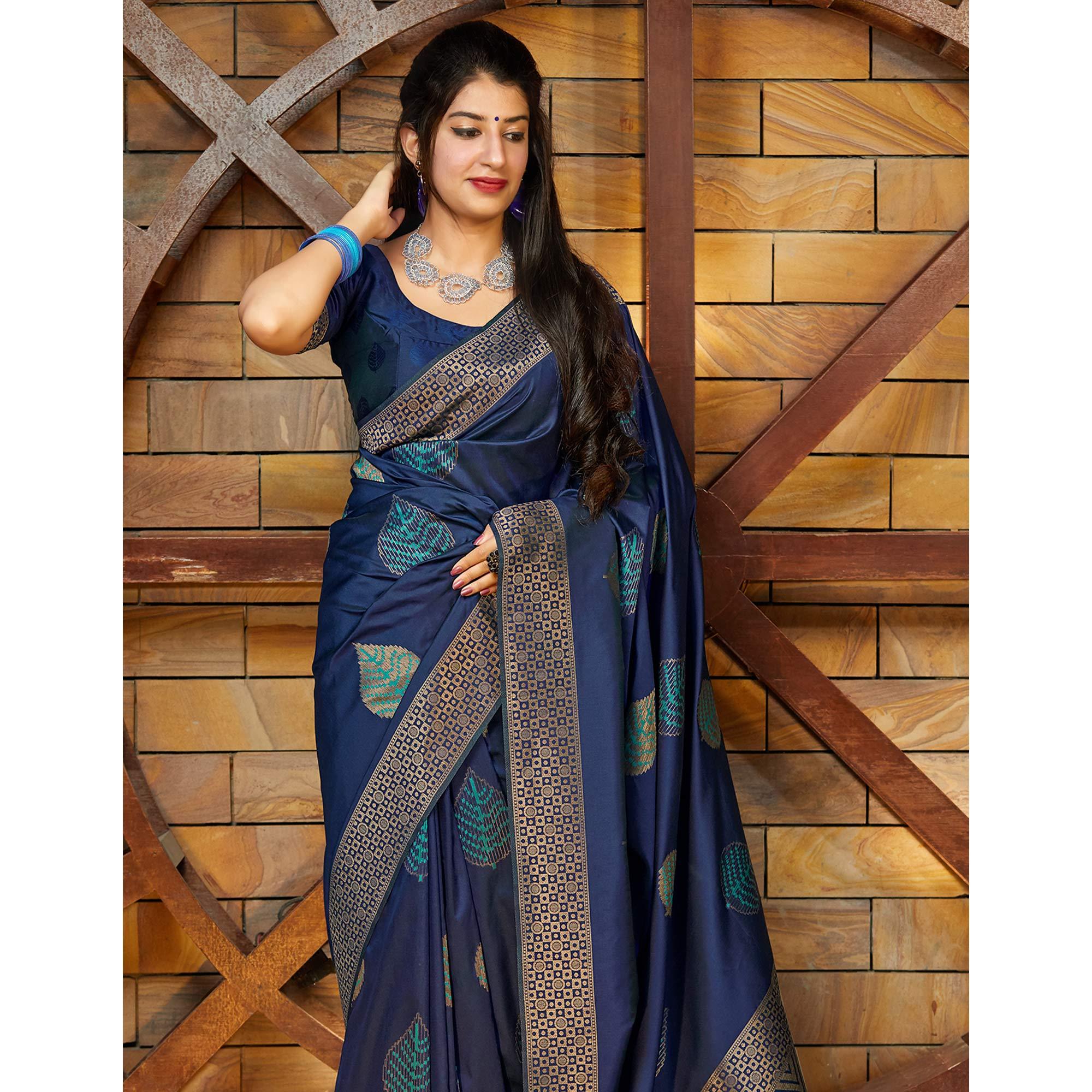 Excellent Navy Blue Colored Festive Wear Woven Soft Silk Saree - Peachmode