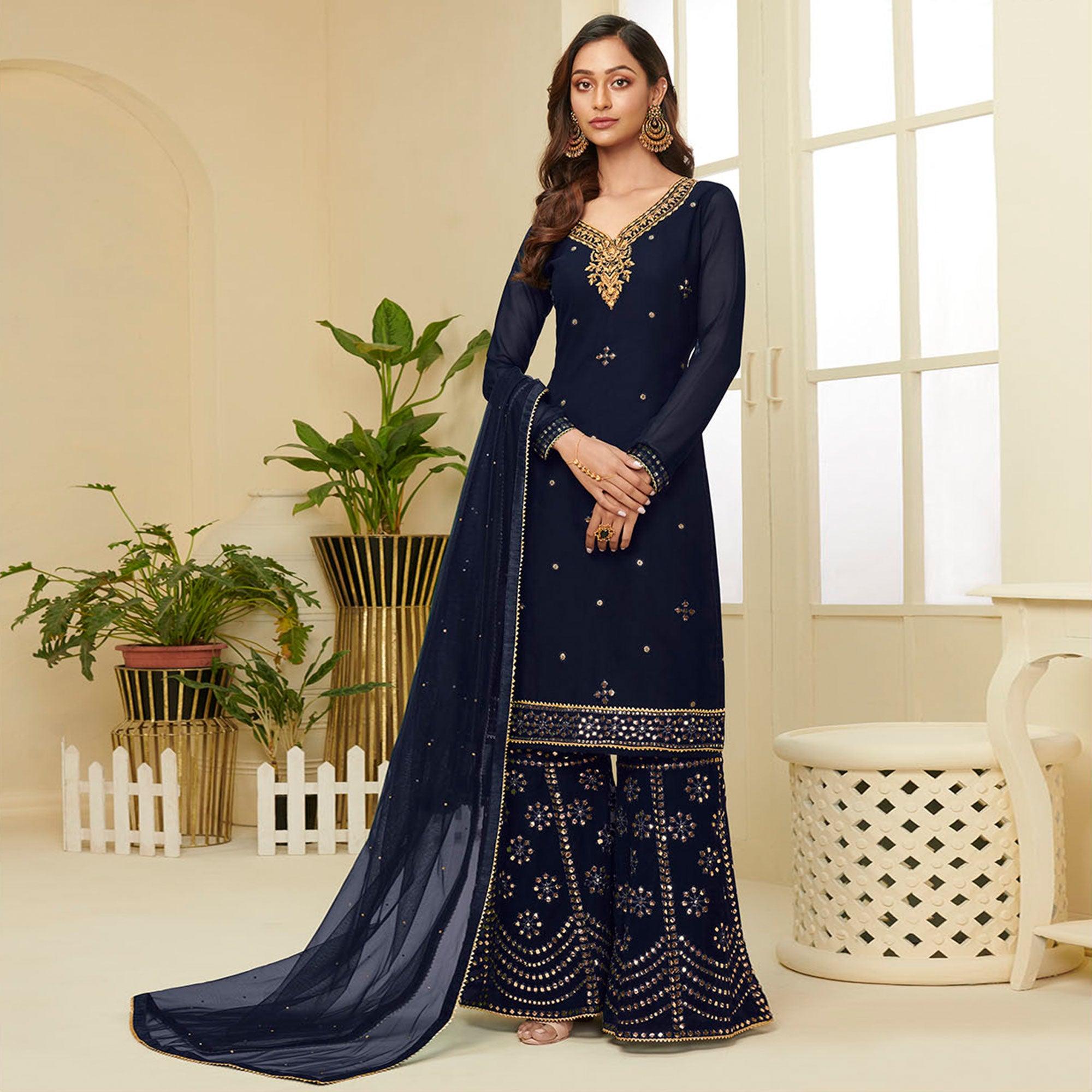 Excellent Navy Blue Coloured Partywear Gota Work Georgette Palazzo Suit - Peachmode