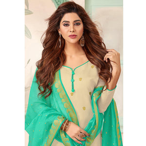 Excellent Off White Colored Casual Wear Woven Banarasi Silk Dress Material - Peachmode