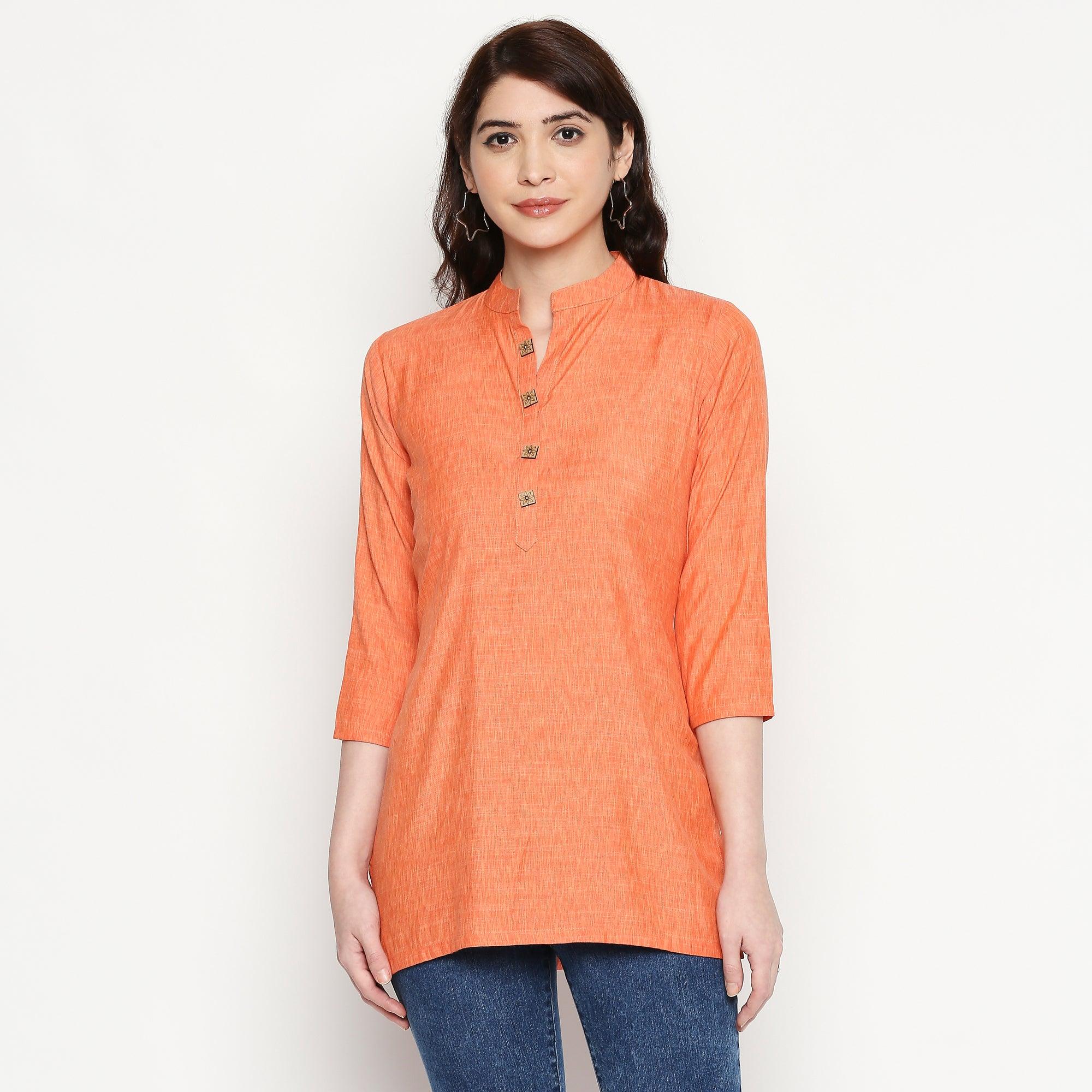 Excellent Orange Colored Casual Wear Solid Cotton Western Top - Peachmode