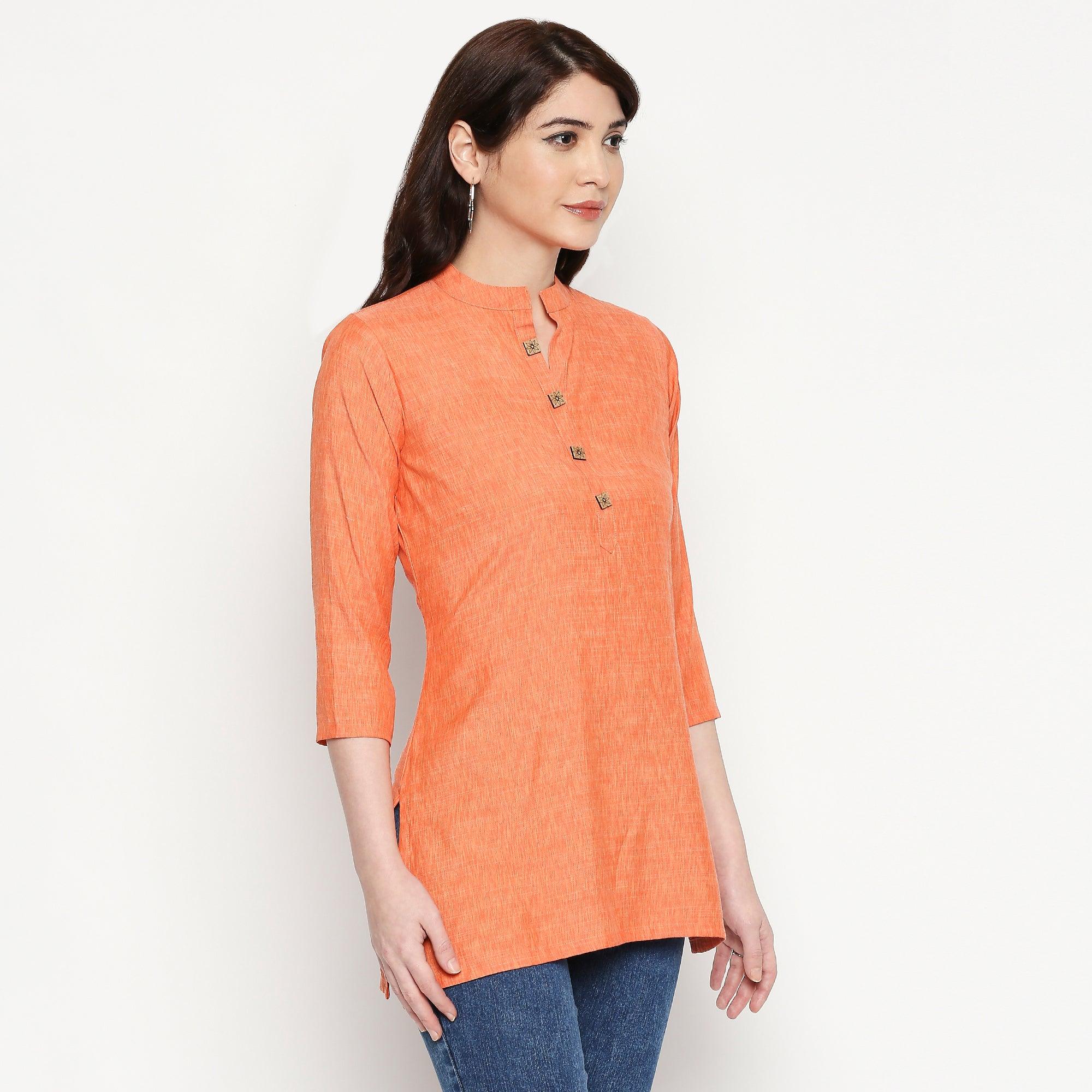 Excellent Orange Colored Casual Wear Solid Cotton Western Top - Peachmode