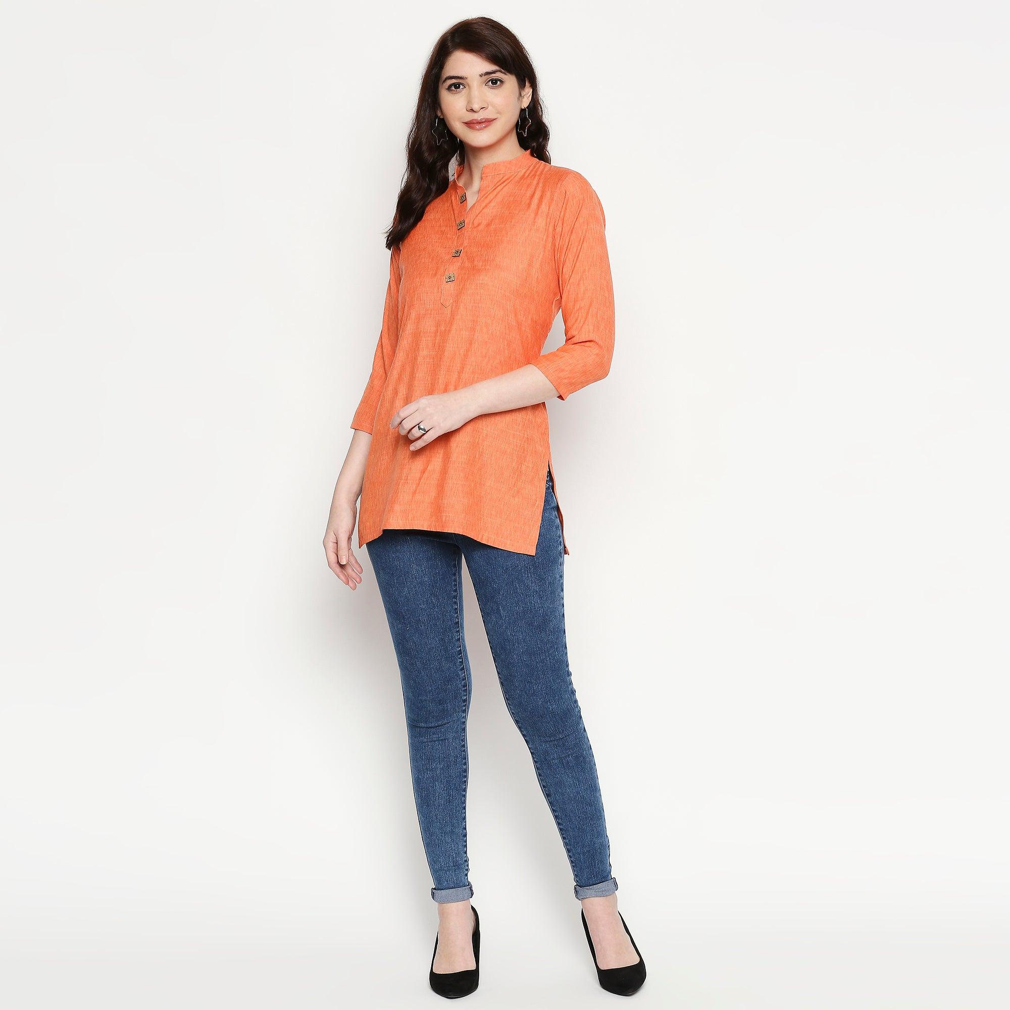Excellent Orange Colored Casual Wear Solid Cotton Western Top - Peachmode