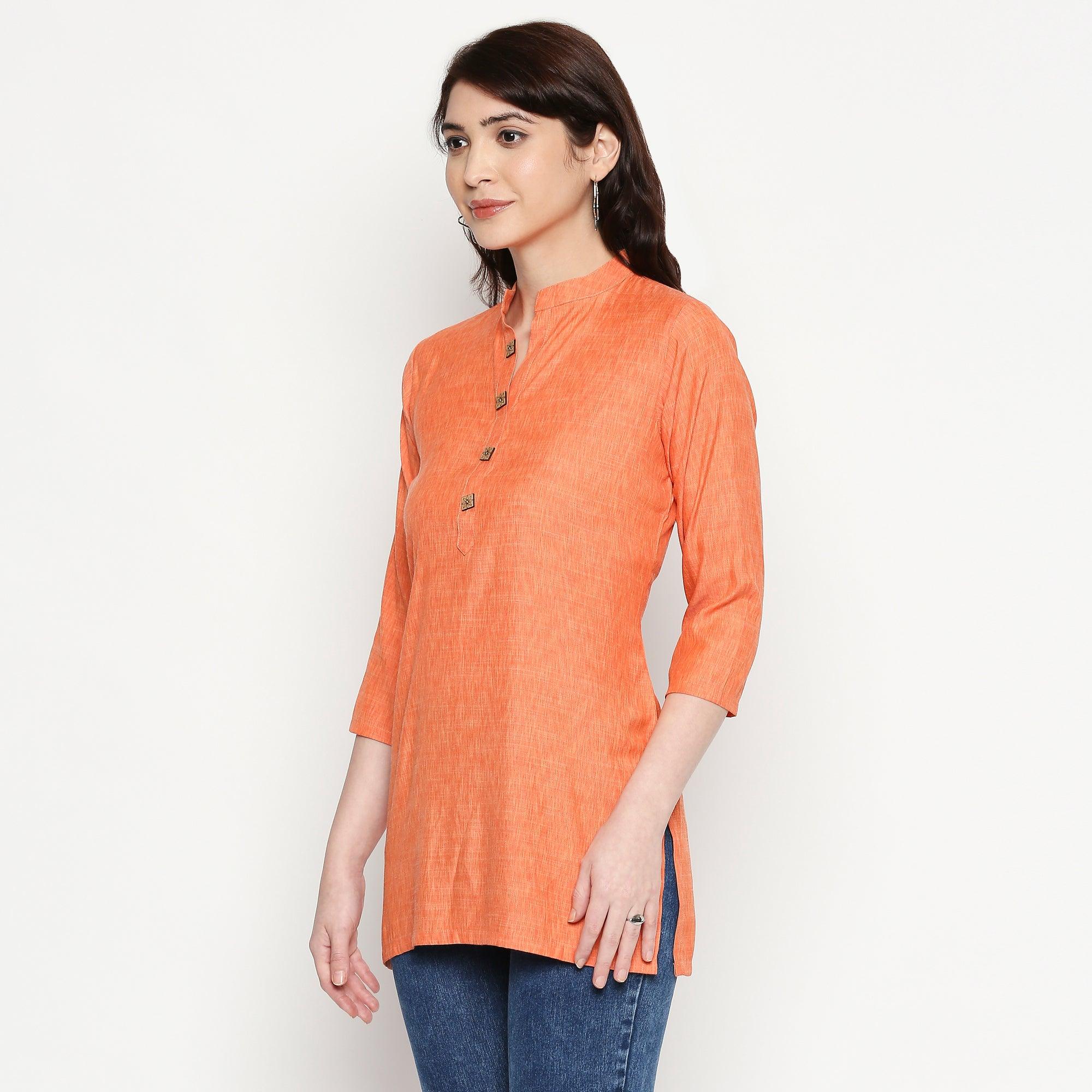 Excellent Orange Colored Casual Wear Solid Cotton Western Top - Peachmode