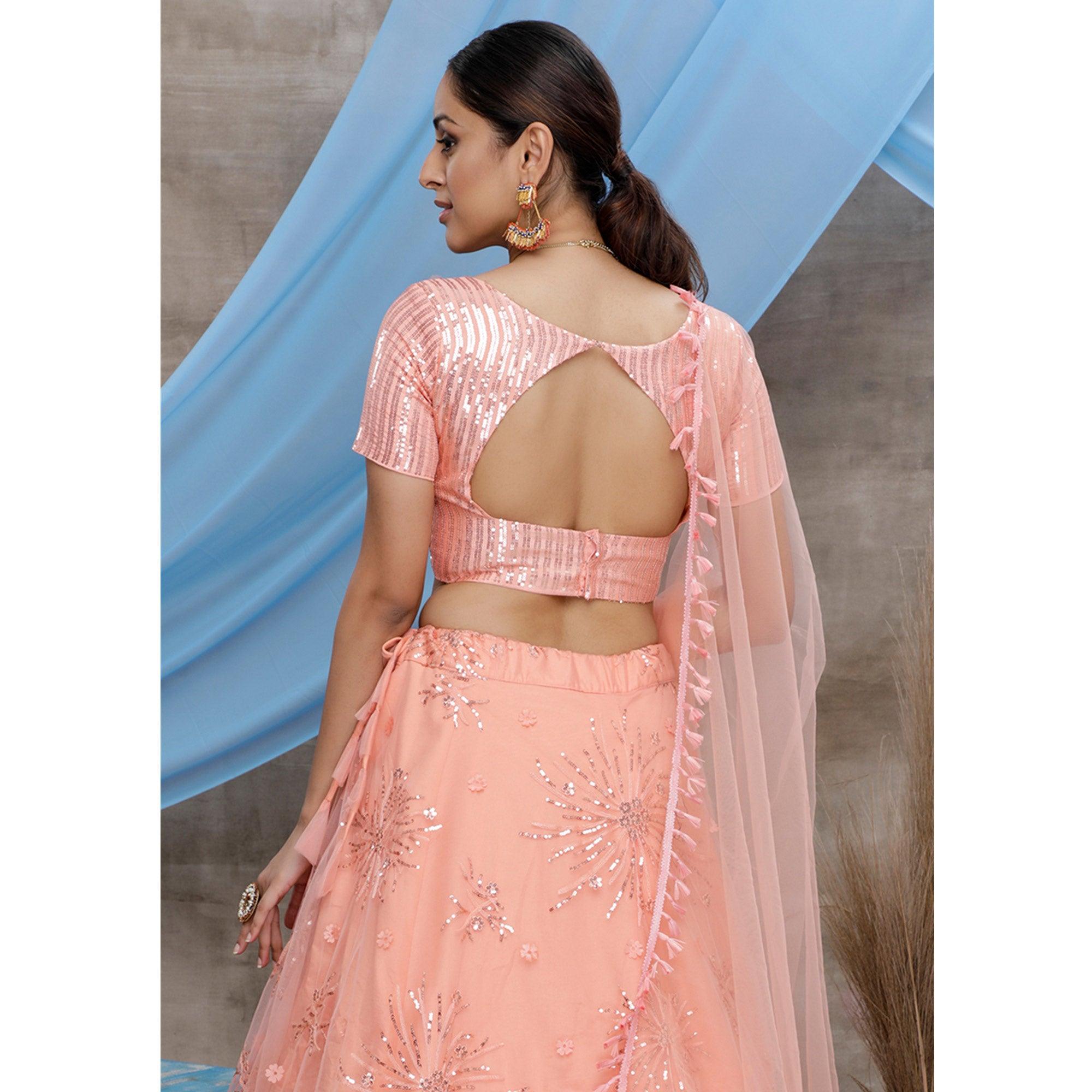Excellent Orange Colored Designer Partywear Embroidered Net Lehenga Choli - Peachmode