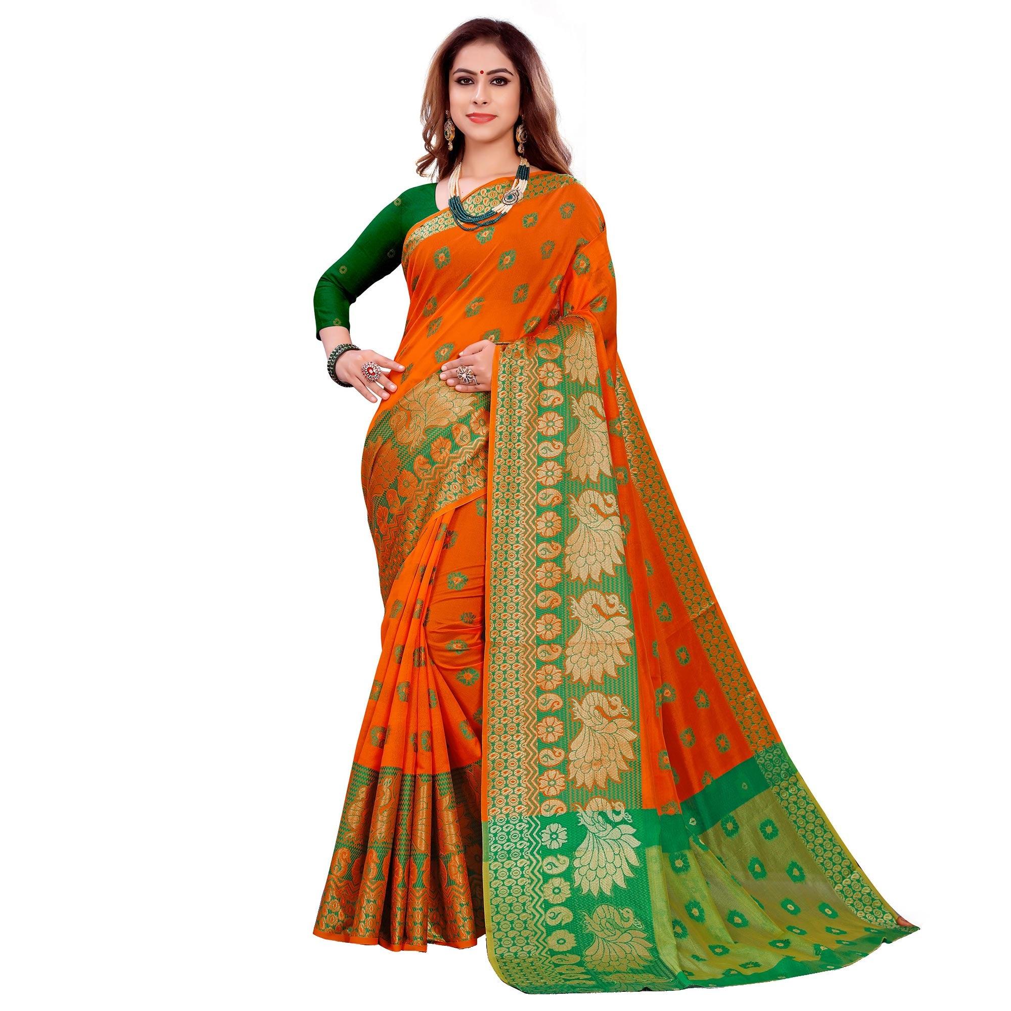 Excellent Orange Colored Festive Wear Woven Art Silk Saree - Peachmode