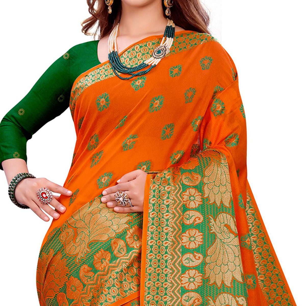 Excellent Orange Colored Festive Wear Woven Art Silk Saree - Peachmode