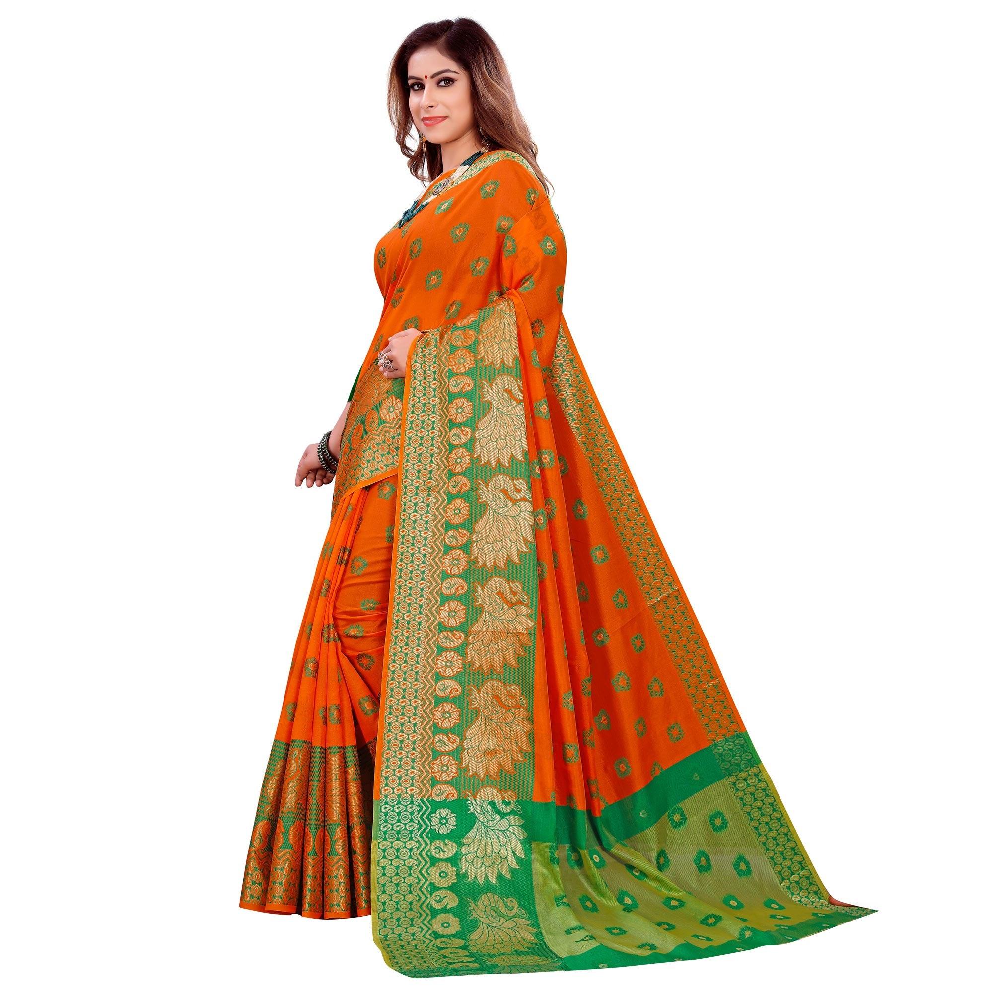 Excellent Orange Colored Festive Wear Woven Art Silk Saree - Peachmode