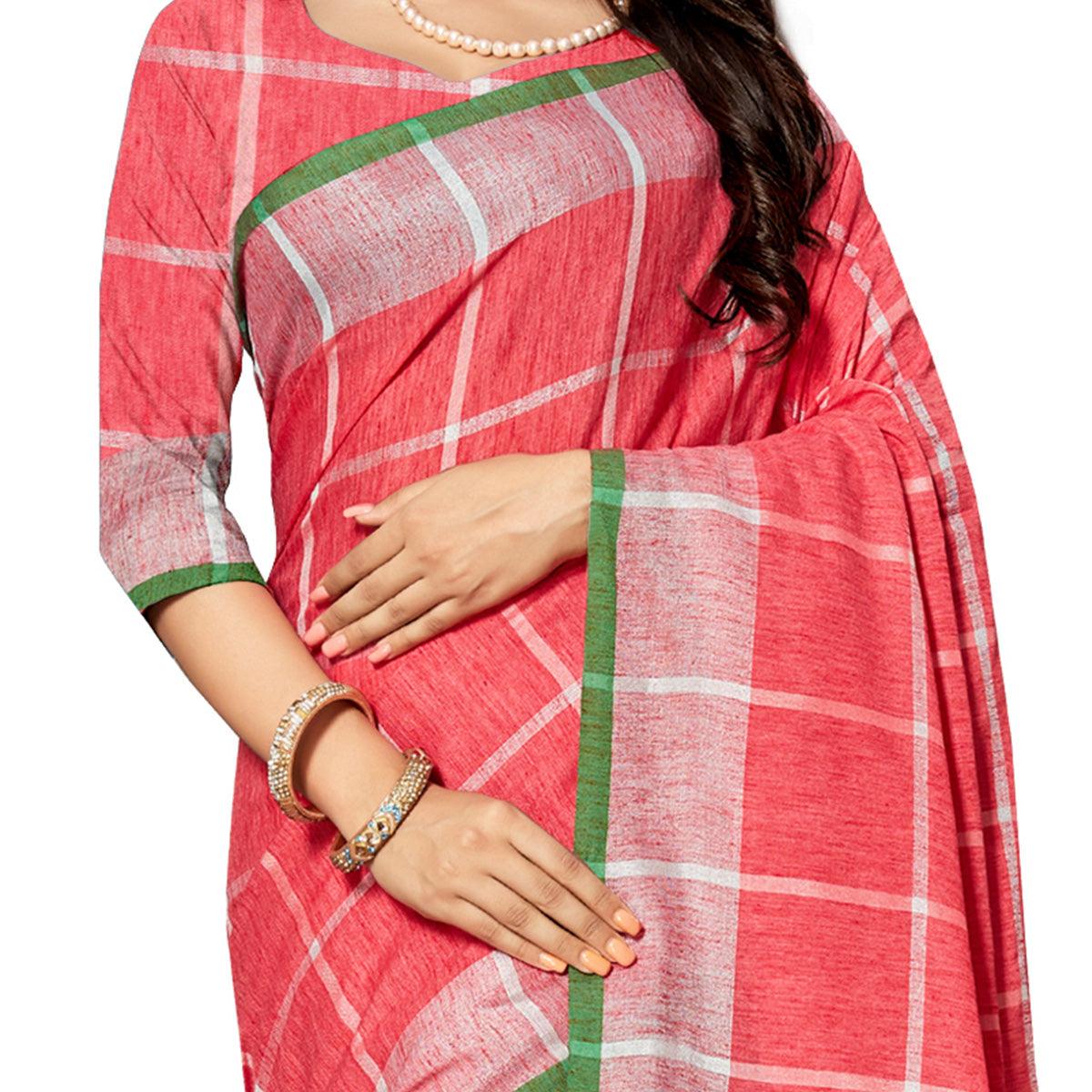 Excellent Peach Colored Fesive Wear Stripe Print Cotton Silk Saree With Tassels - Peachmode