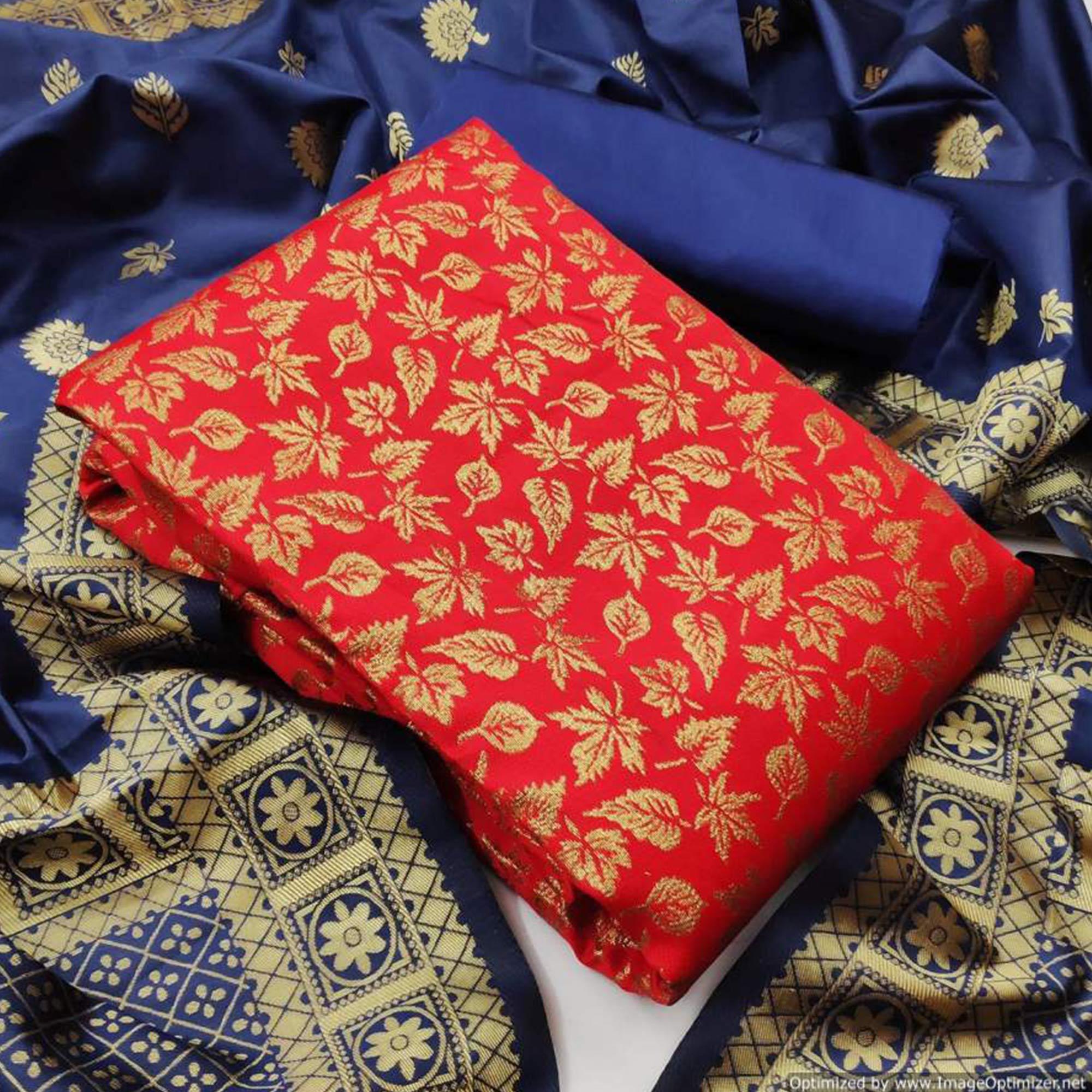 Excellent Red Colored Casual Wear Banarasi Silk Dress Material - Peachmode