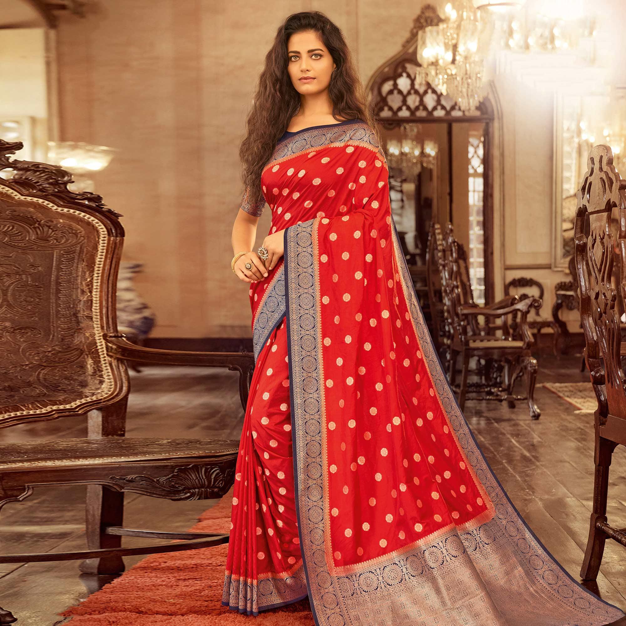 Excellent Red Colored Festive Wear Woven Chanderi Cotton Saree - Peachmode