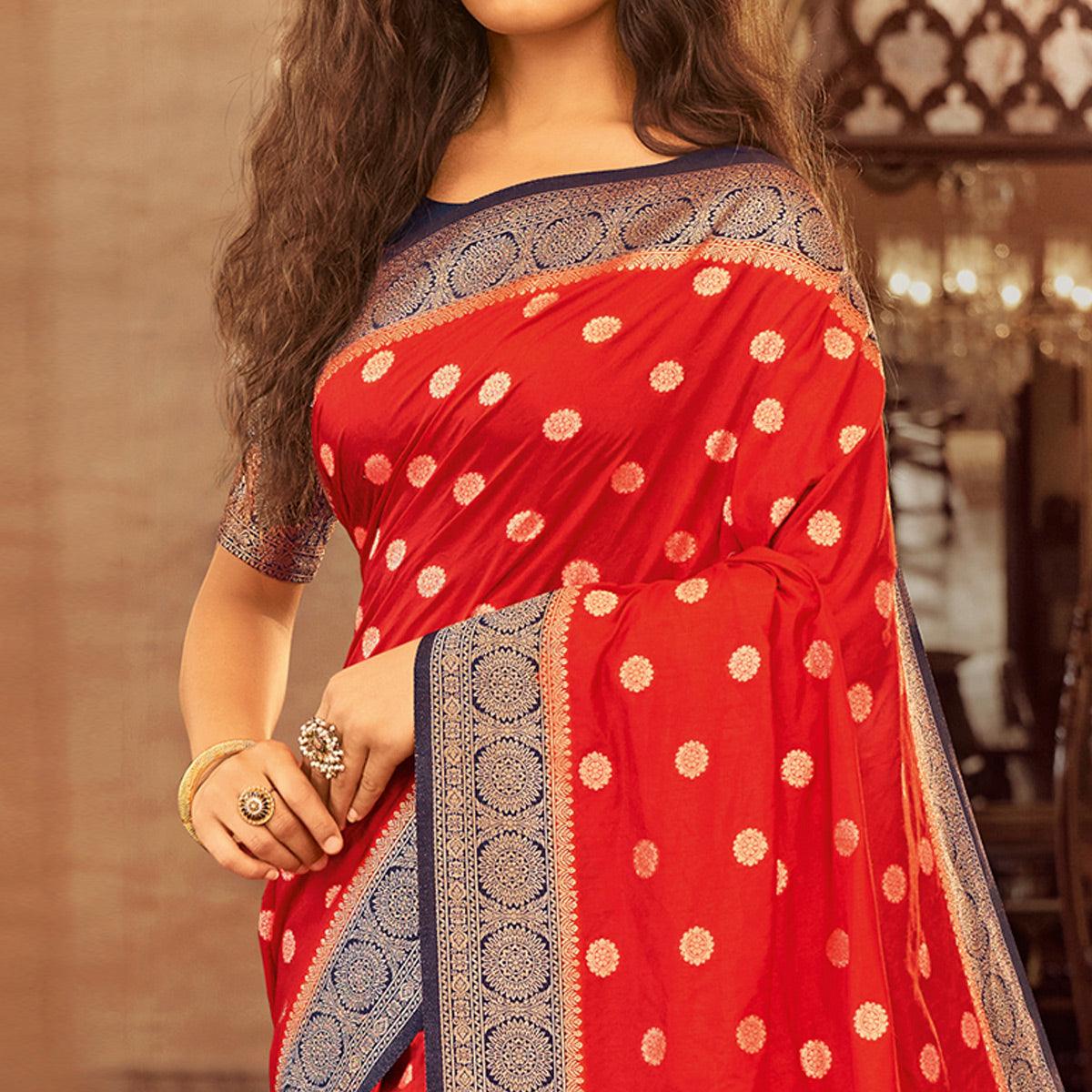 Excellent Red Colored Festive Wear Woven Chanderi Cotton Saree - Peachmode