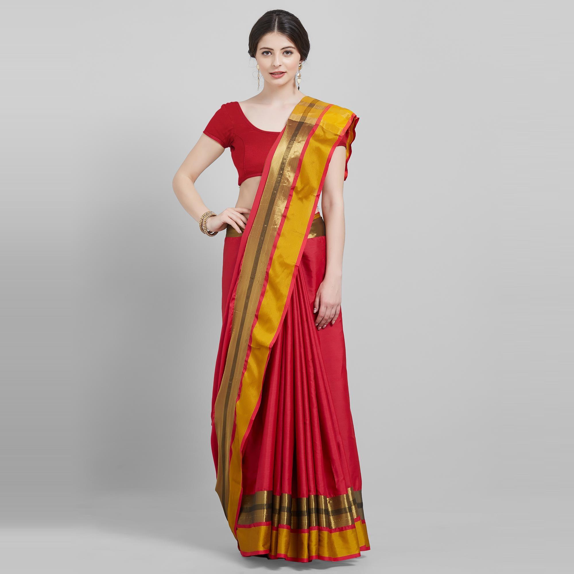 Excellent Red Colored Festive Wear Woven Cotton Silk Saree - Peachmode