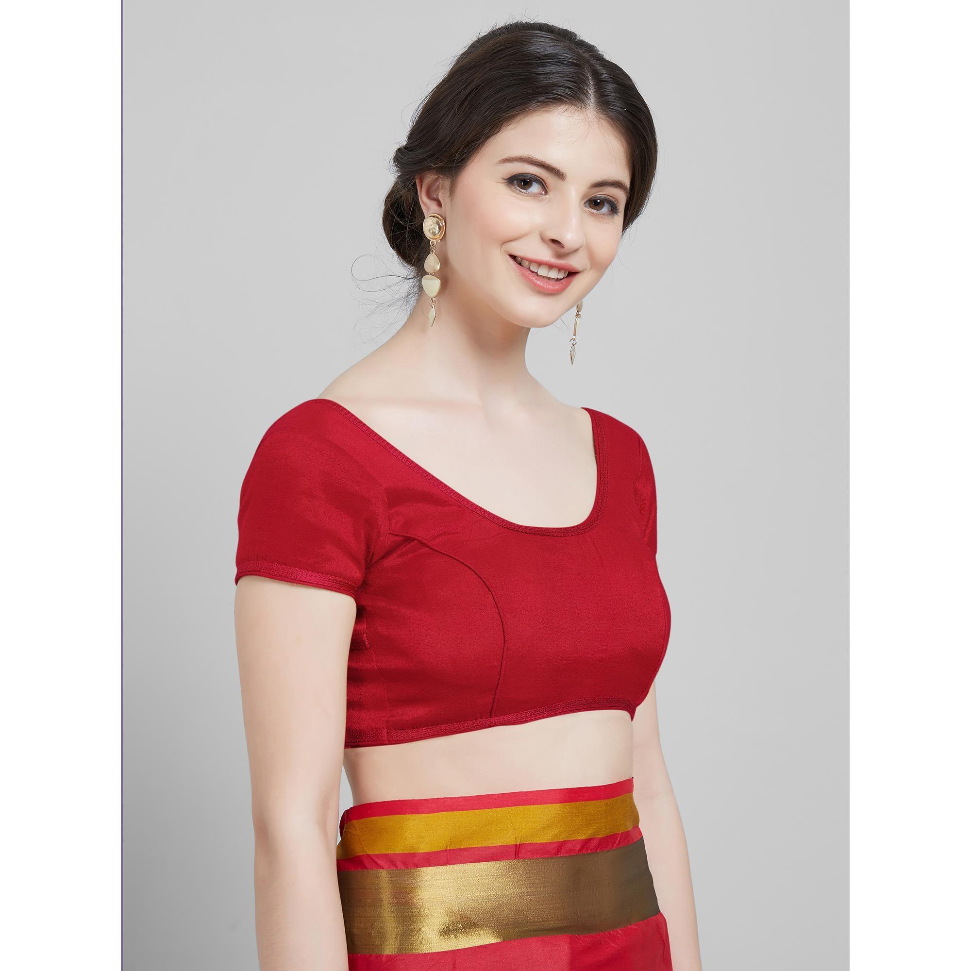 Excellent Red Colored Festive Wear Woven Cotton Silk Saree - Peachmode