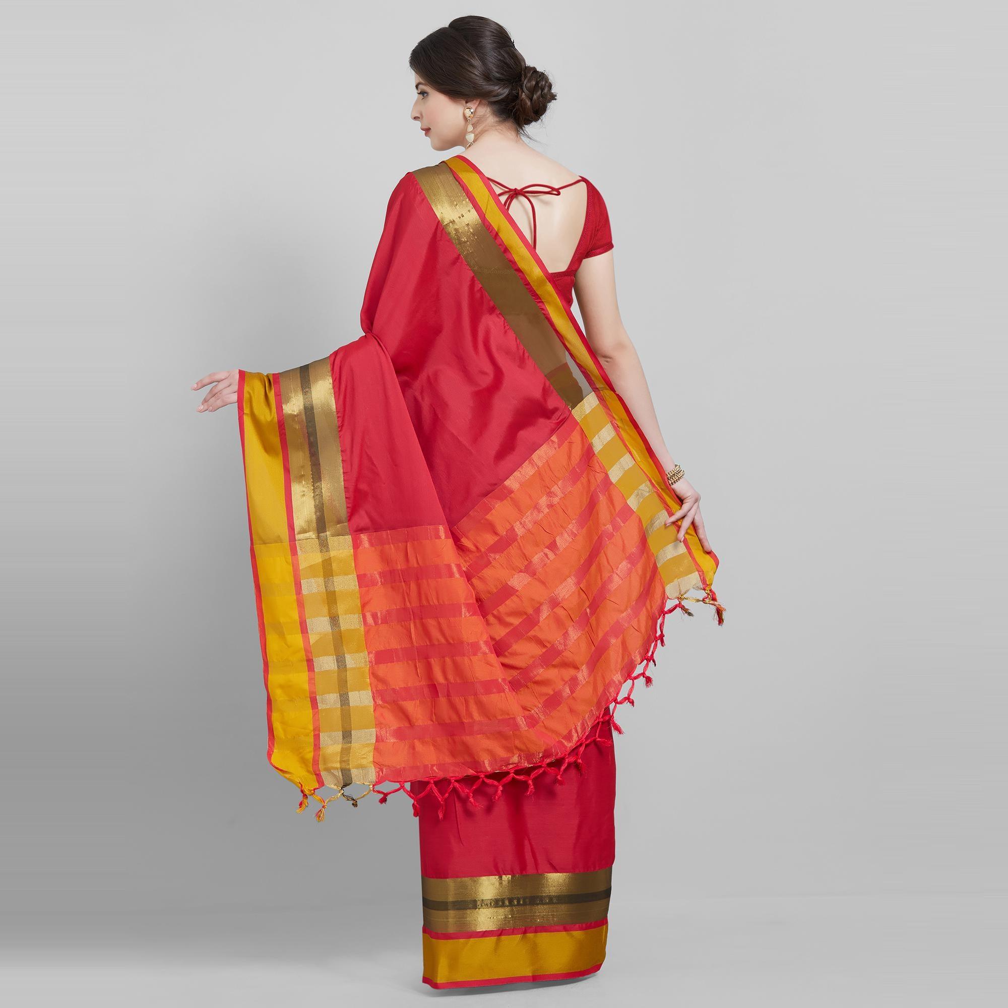 Excellent Red Colored Festive Wear Woven Cotton Silk Saree - Peachmode
