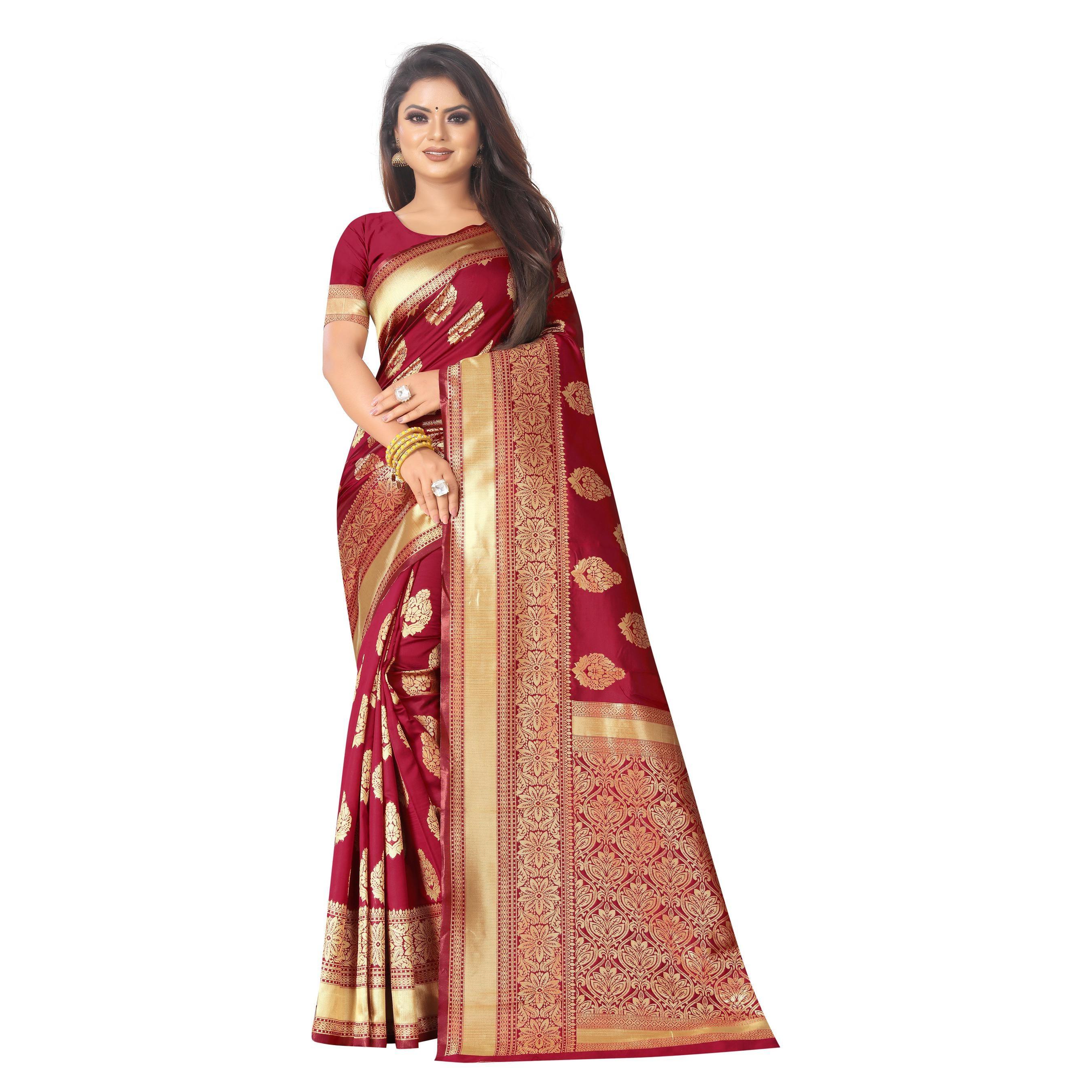 Excellent Red Colored Festive Wear Woven Lichi Silk Saree - Peachmode