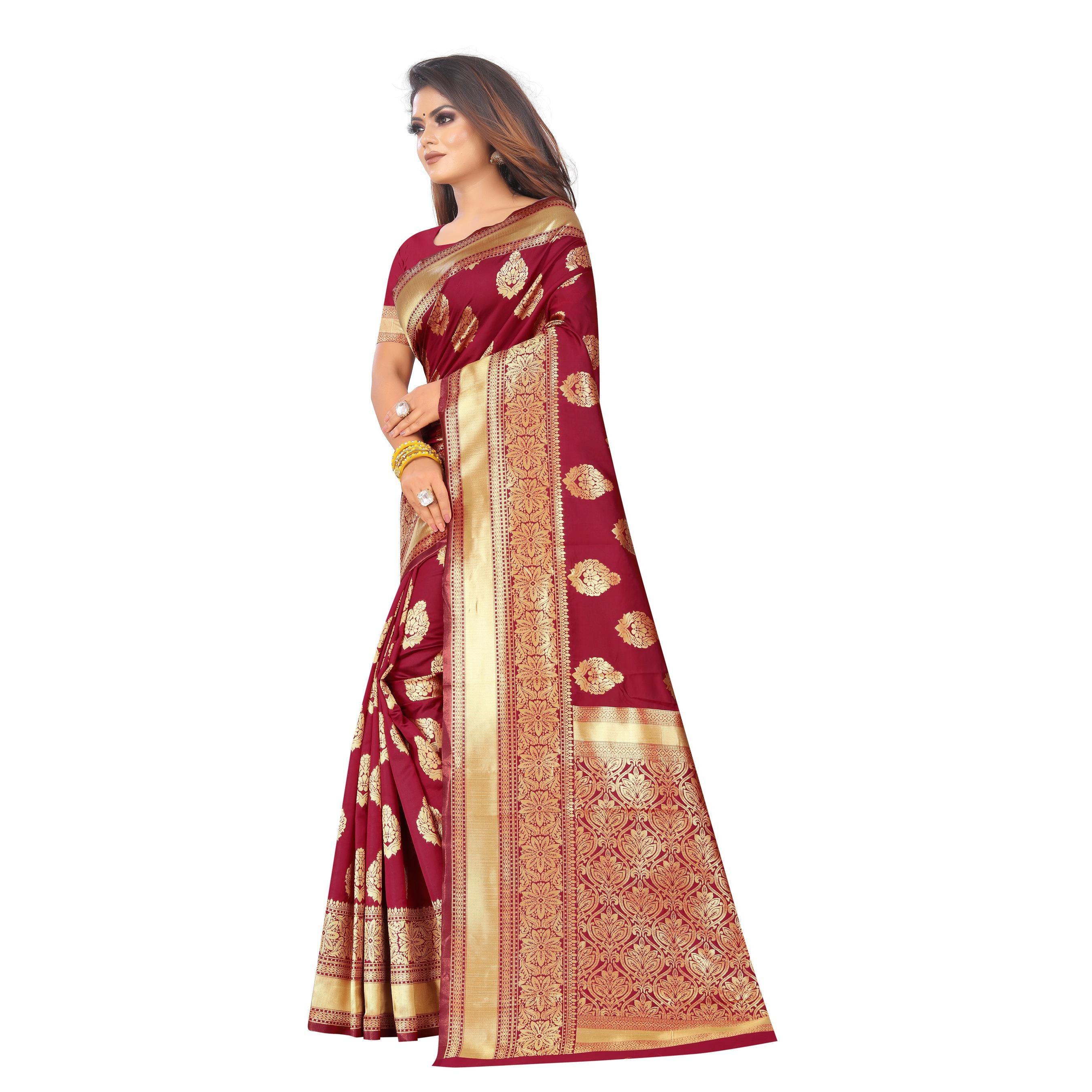 Excellent Red Colored Festive Wear Woven Lichi Silk Saree - Peachmode